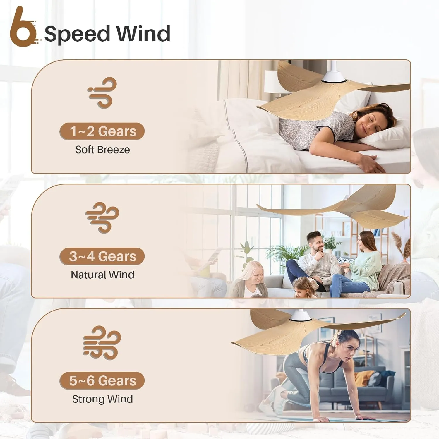 CACI Mall 52'' Ceiling Fan No Light, Modern with Remote Control, 3 Blades Noiseless Reversible Dc Motor for Living room, Bedroom No Light Beige blades 3 rods White motor