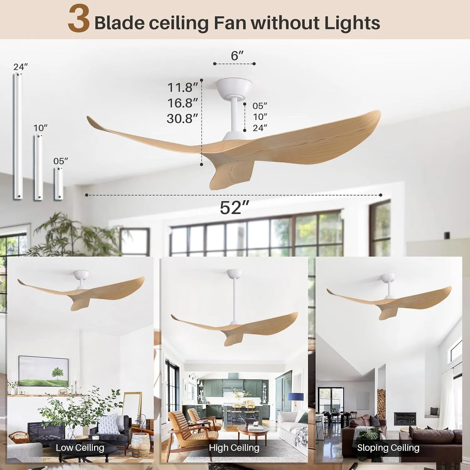 CACI Mall 52'' Ceiling Fan No Light, Modern with Remote Control, 3 Blades Noiseless Reversible Dc Motor for Living room, Bedroom No Light Beige blades 3 rods White motor