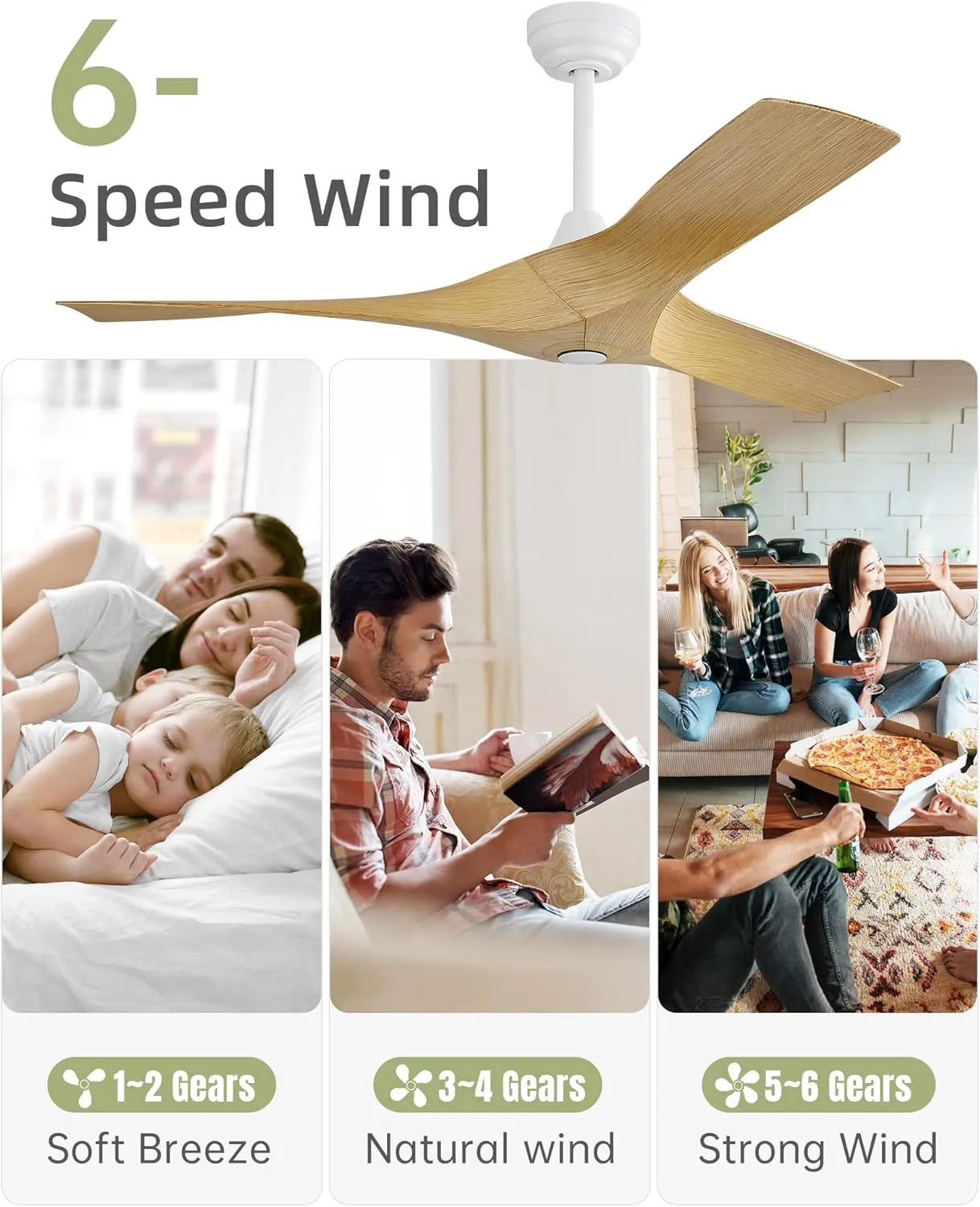 CACI Mall 52 Inch Propeller Ceiling Fan No Light, Low Profile Downrod Mount Ceiling Fans with Remote, 3 ABS Blades, Quiet Noiseless DC Motor, and 3 Downrods for Home Rooms, White/Wooden