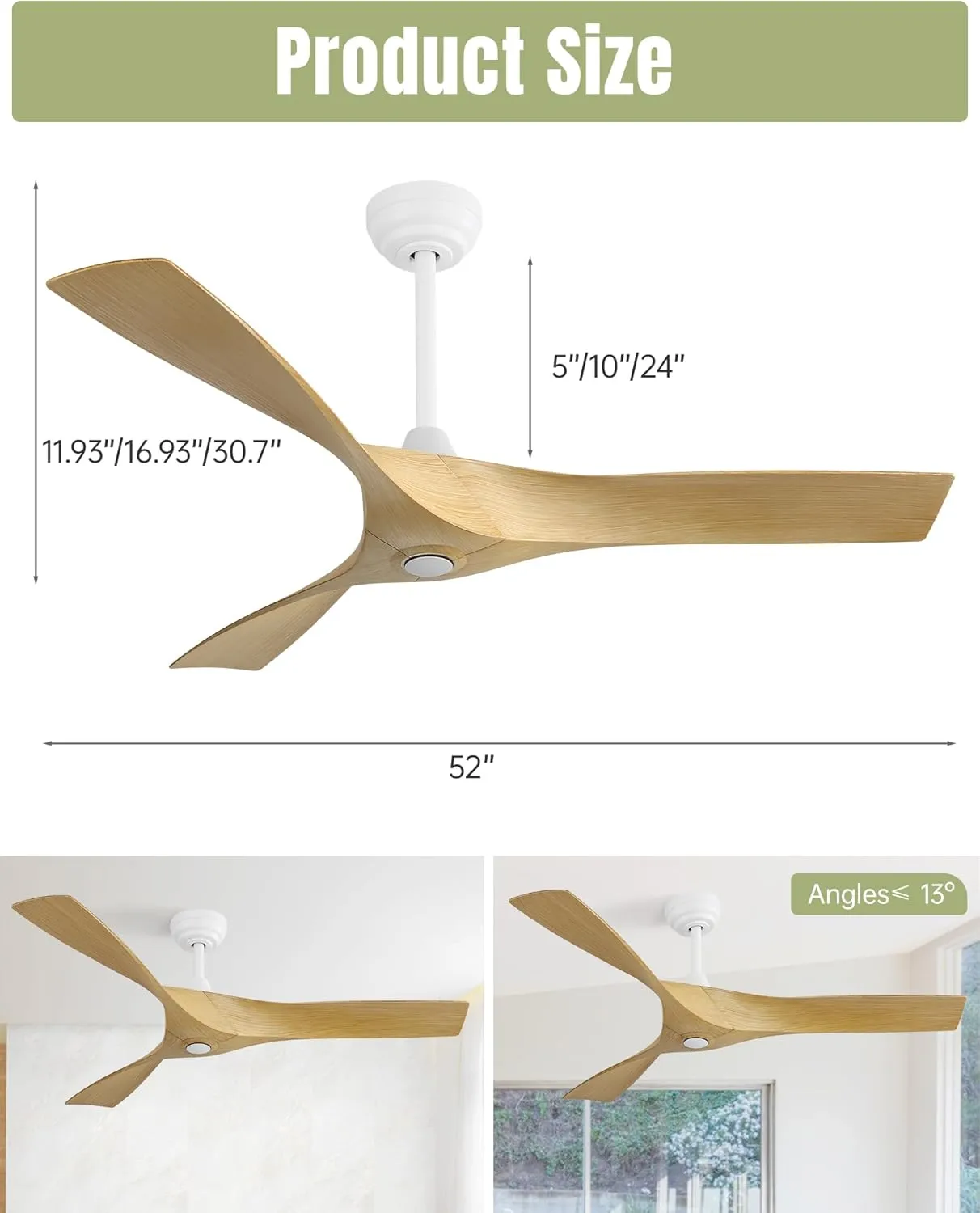 CACI Mall 52 Inch Propeller Ceiling Fan No Light, Low Profile Downrod Mount Ceiling Fans with Remote, 3 ABS Blades, Quiet Noiseless DC Motor, and 3 Downrods for Home Rooms, White/Wooden