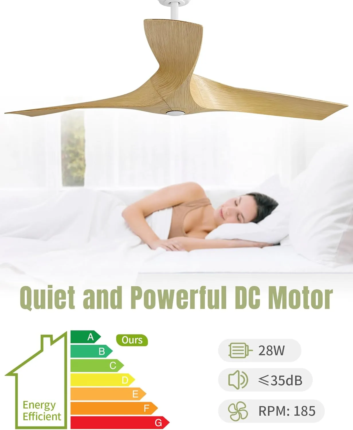 CACI Mall 52 Inch Propeller Ceiling Fan No Light, Low Profile Downrod Mount Ceiling Fans with Remote, 3 ABS Blades, Quiet Noiseless DC Motor, and 3 Downrods for Home Rooms, White/Wooden