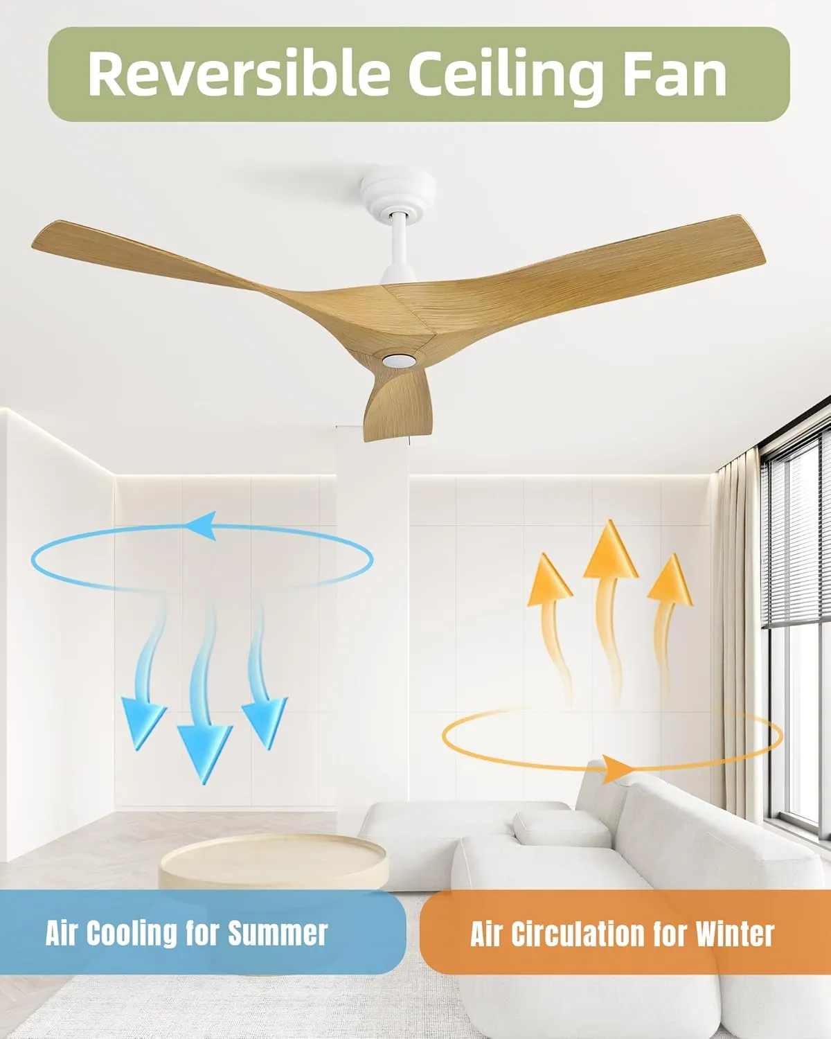 CACI Mall 52 Inch Propeller Ceiling Fan No Light, Low Profile Downrod Mount Ceiling Fans with Remote, 3 ABS Blades, Quiet Noiseless DC Motor, and 3 Downrods for Home Rooms, White/Wooden