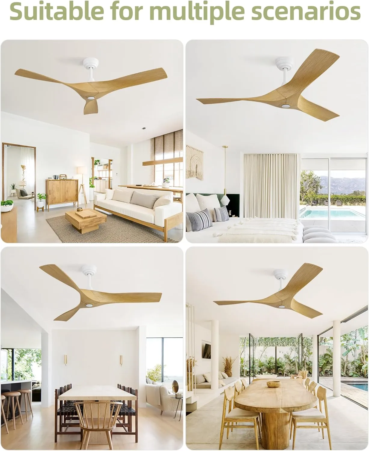 CACI Mall 52 Inch Propeller Ceiling Fan No Light, Low Profile Downrod Mount Ceiling Fans with Remote, 3 ABS Blades, Quiet Noiseless DC Motor, and 3 Downrods for Home Rooms, White/Wooden