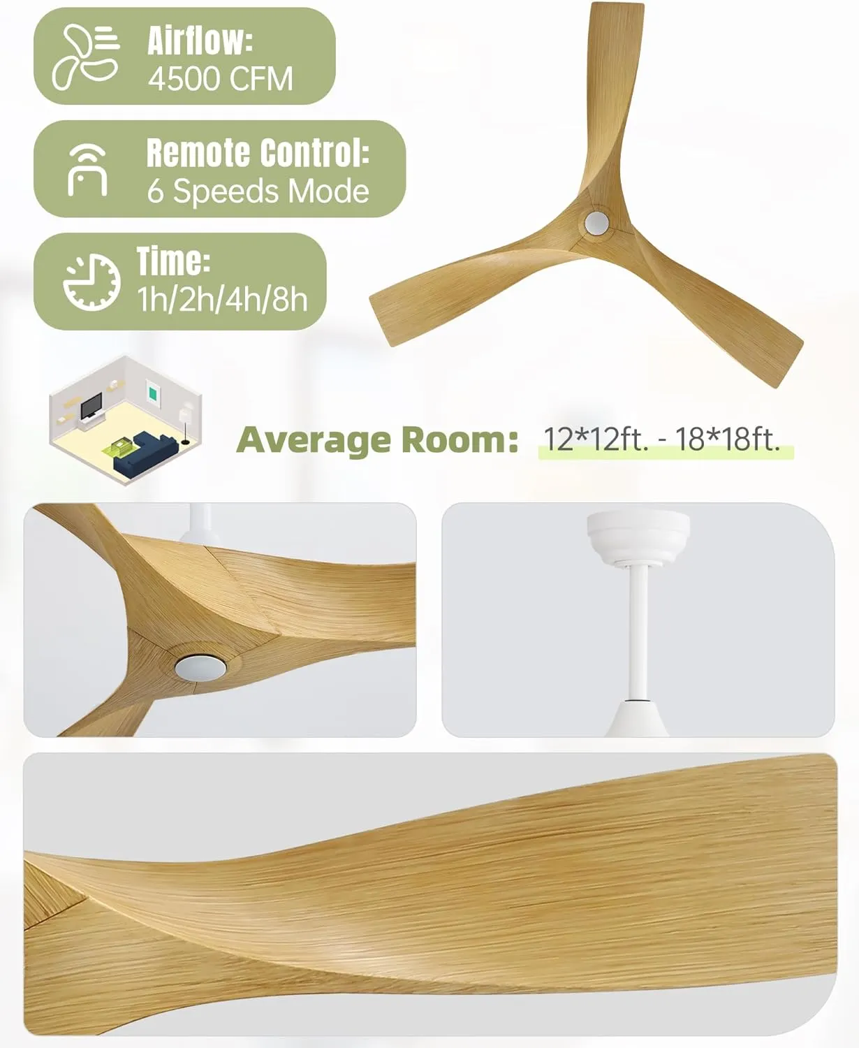 CACI Mall 52 Inch Propeller Ceiling Fan No Light, Low Profile Downrod Mount Ceiling Fans with Remote, 3 ABS Blades, Quiet Noiseless DC Motor, and 3 Downrods for Home Rooms, White/Wooden