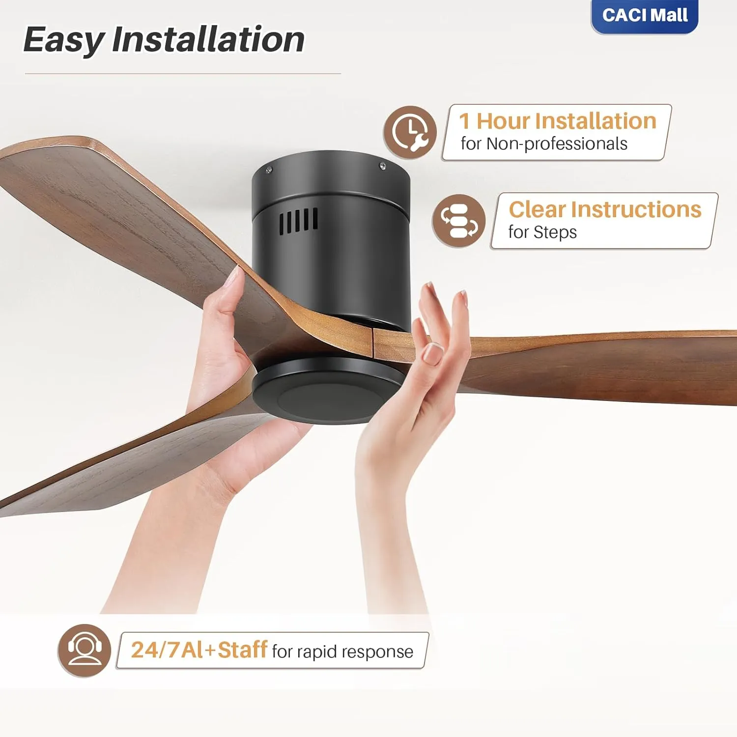 CACI Mall 52 Inch Solid Wood Ceiling Fan without Light, Flush Mount, 3 Blade, Low Profile, Modern, Outdoor/Indoor Ceiling Fans No Light for Bedroom/Farmhouse/Patio