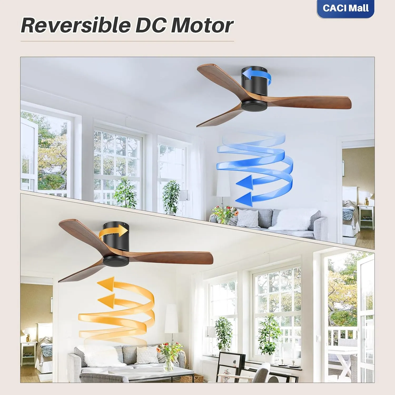 CACI Mall 52 Inch Solid Wood Ceiling Fan without Light, Flush Mount, 3 Blade, Low Profile, Modern, Outdoor/Indoor Ceiling Fans No Light for Bedroom/Farmhouse/Patio