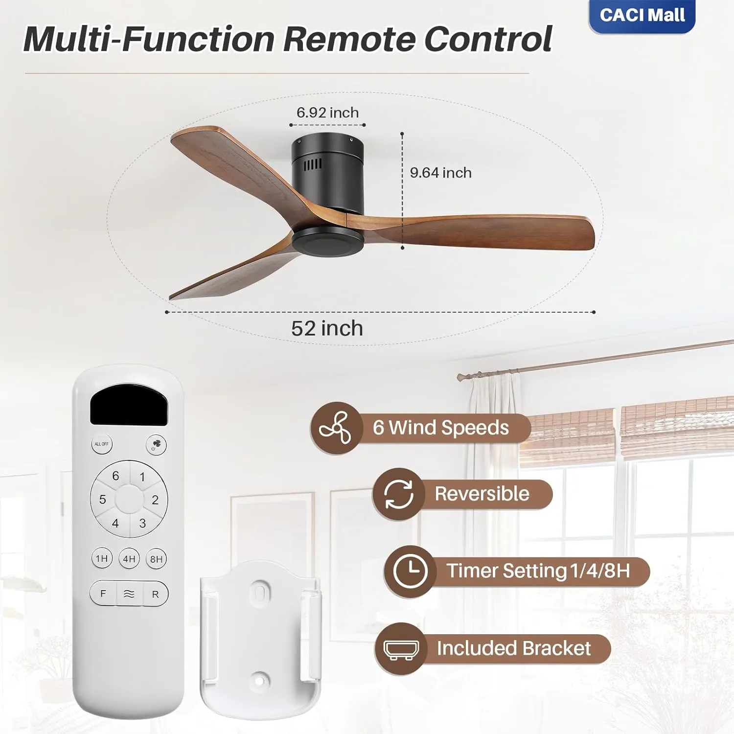 CACI Mall 52 Inch Solid Wood Ceiling Fan without Light, Flush Mount, 3 Blade, Low Profile, Modern, Outdoor/Indoor Ceiling Fans No Light for Bedroom/Farmhouse/Patio