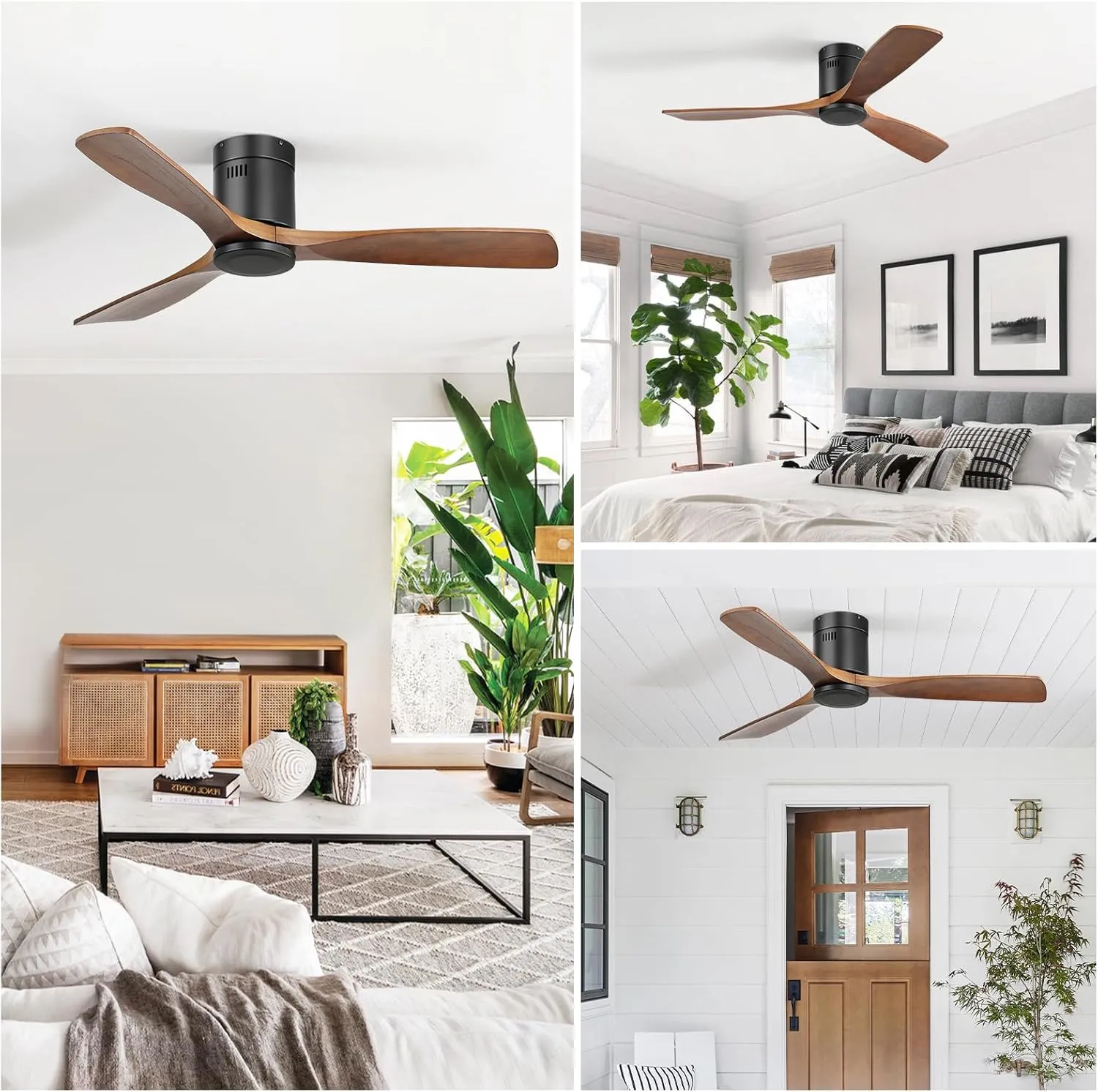 CACI Mall 52 Inch Solid Wood Ceiling Fan without Light, Flush Mount, 3 Blade, Low Profile, Modern, Outdoor/Indoor Ceiling Fans No Light for Bedroom/Farmhouse/Patio