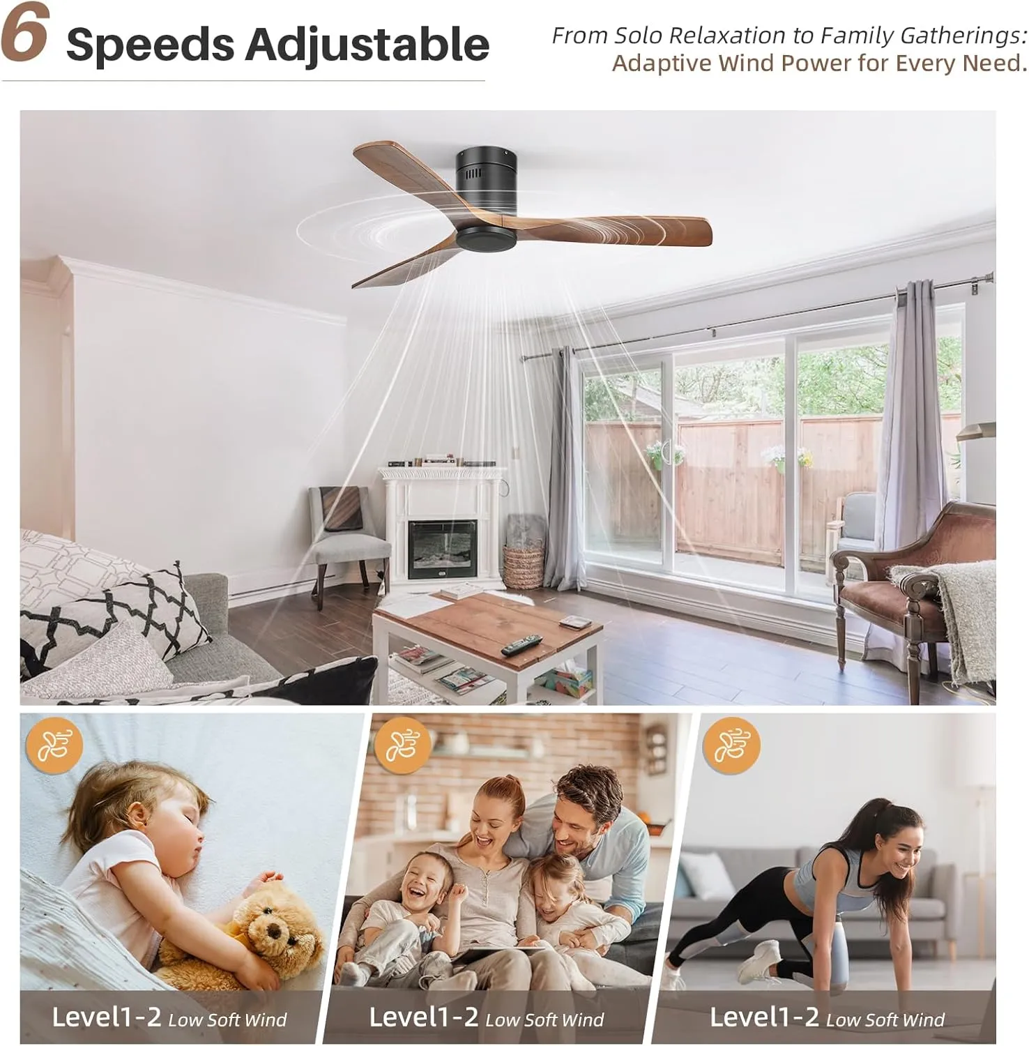 CACI Mall 52 Inch Solid Wood Ceiling Fan without Light, Flush Mount, 3 Blade, Low Profile, Modern, Outdoor/Indoor Ceiling Fans No Light for Bedroom/Farmhouse/Patio