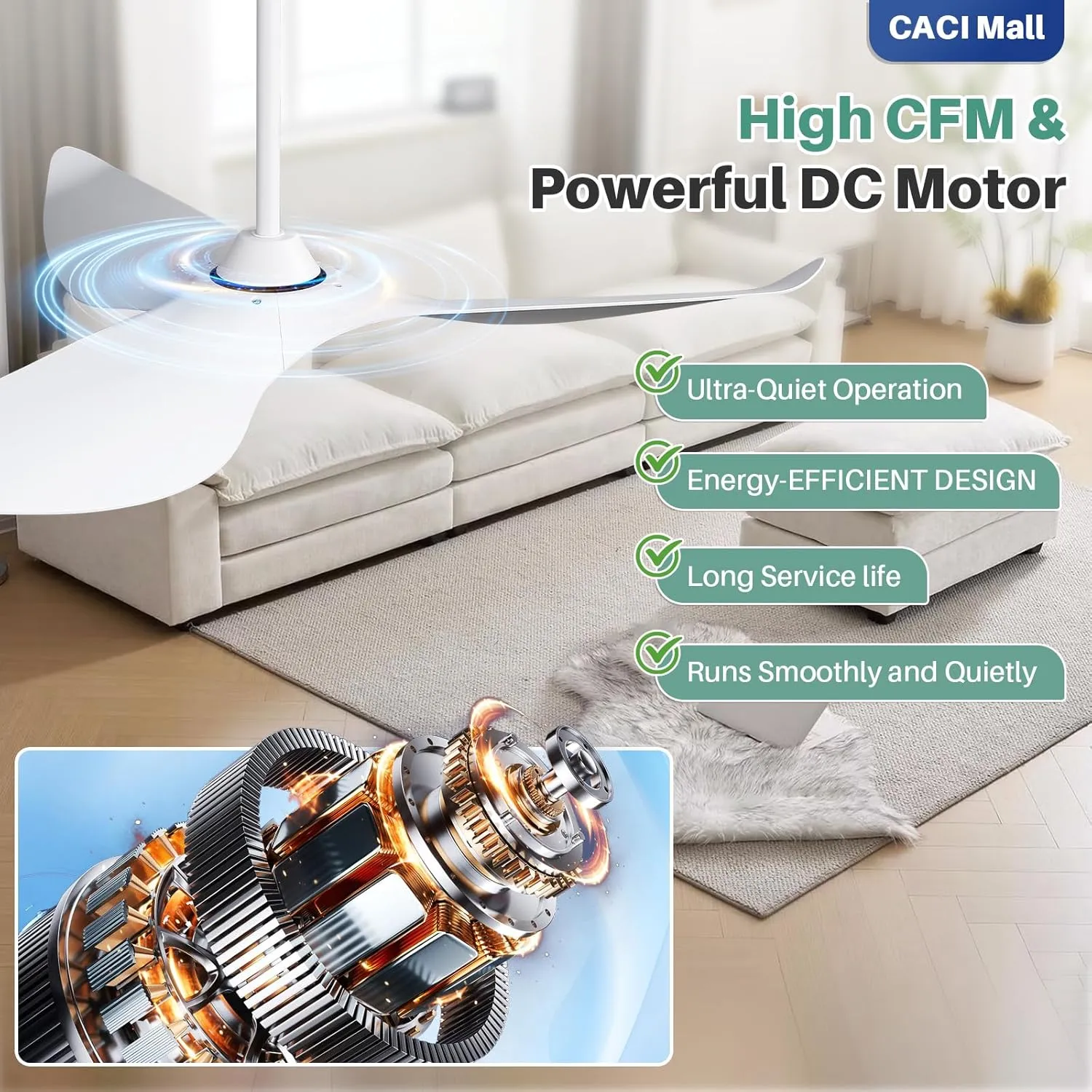 CACI Mall 52" White Ceiling Fan No Light, Modern, Remote Control, 3 Blades Ceiling Fan with Noiseless Reversible Dc Motor for Living room, Bedroom
