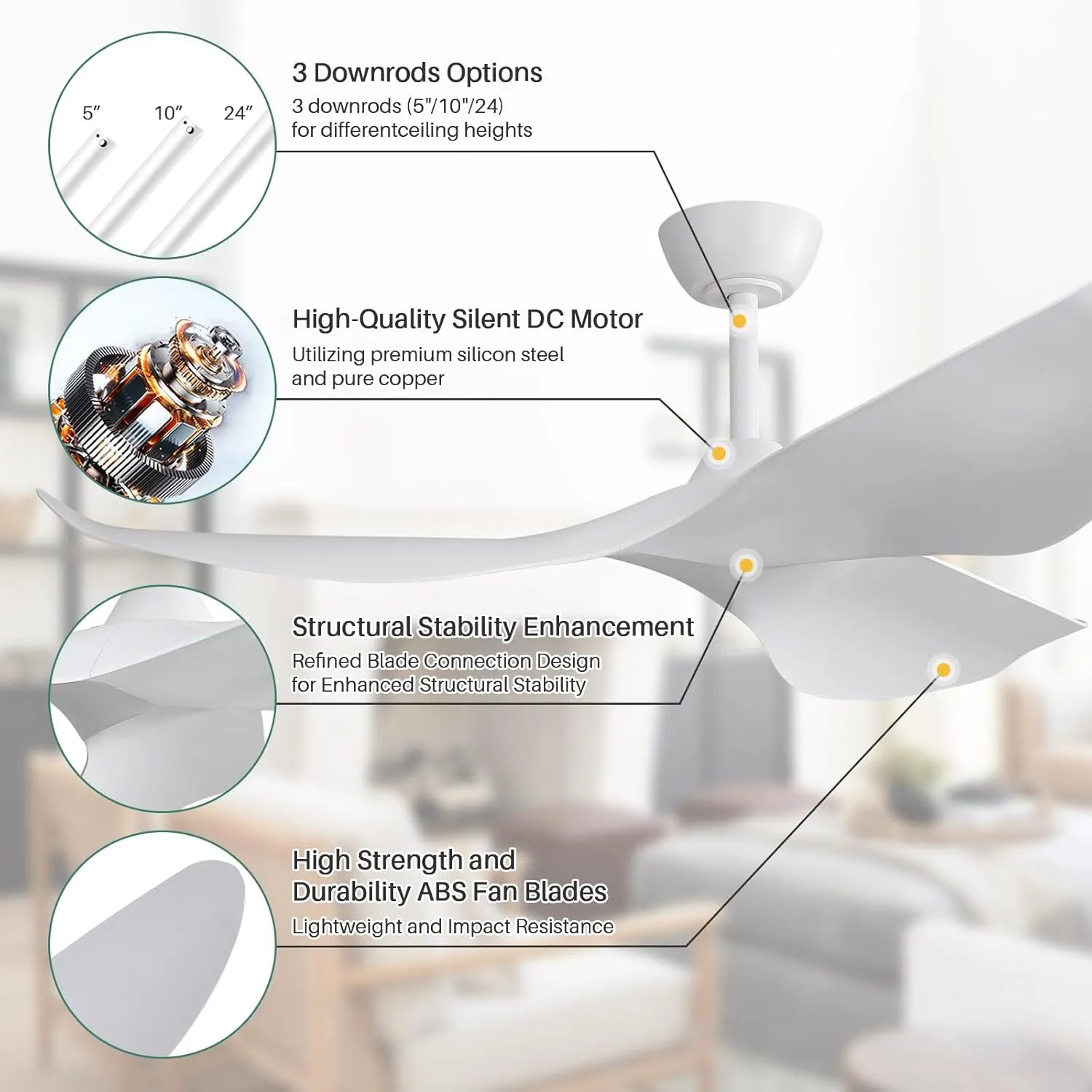 CACI Mall 52" White Ceiling Fan No Light, Modern, Remote Control, 3 Blades Ceiling Fan with Noiseless Reversible Dc Motor for Living room, Bedroom