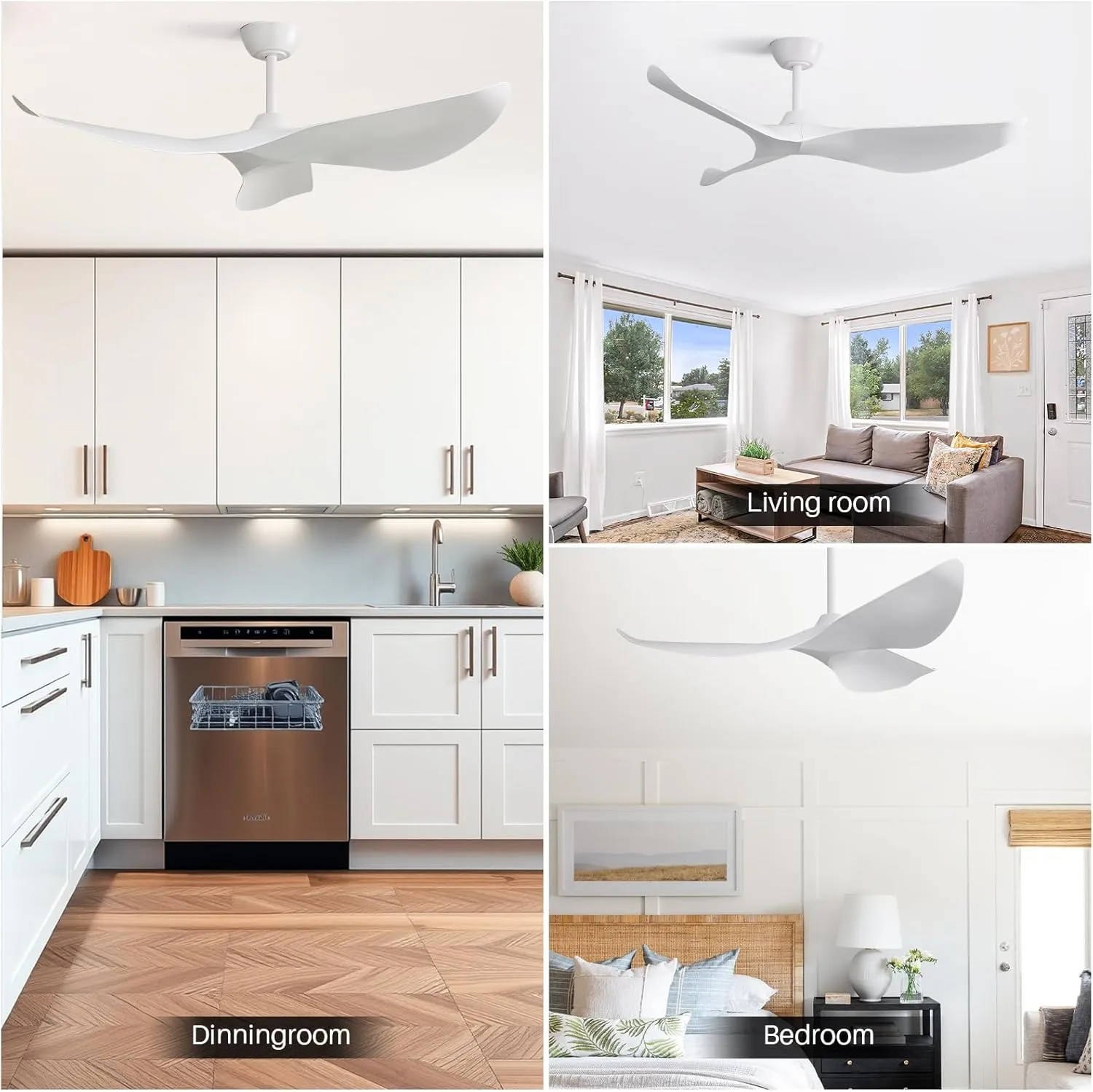 CACI Mall 52" White Ceiling Fan No Light, Modern, Remote Control, 3 Blades Ceiling Fan with Noiseless Reversible Dc Motor for Living room, Bedroom