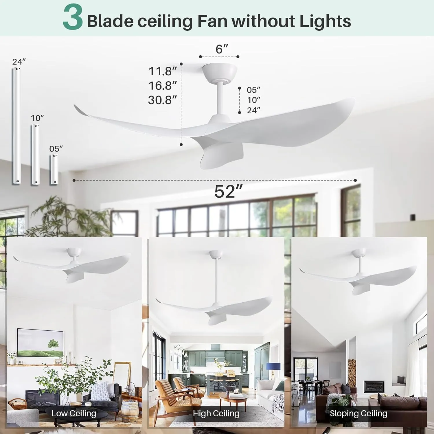 CACI Mall 52" White Ceiling Fan No Light, Modern, Remote Control, 3 Blades Ceiling Fan with Noiseless Reversible Dc Motor for Living room, Bedroom