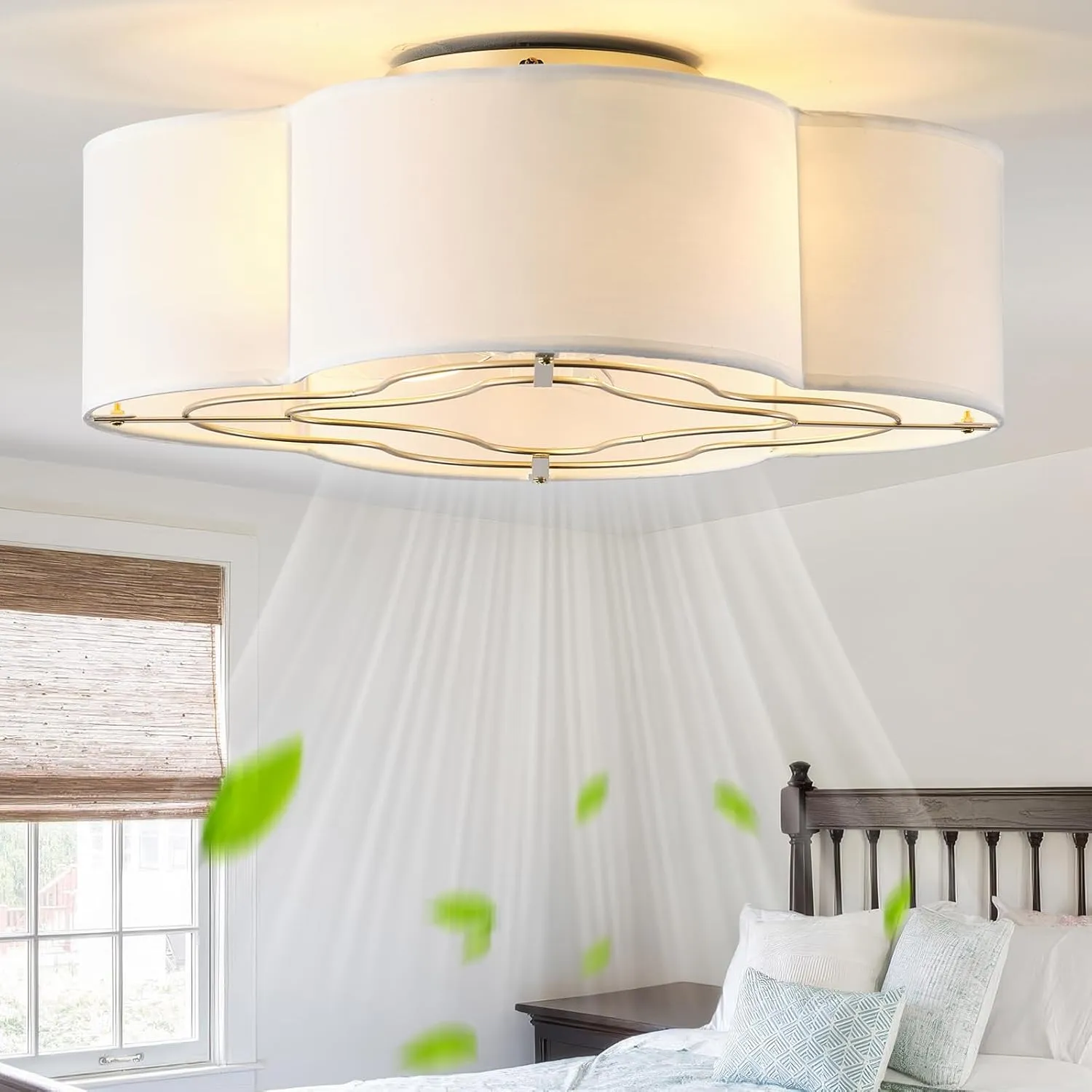 Caged Ceiling Fan with Light, Rattan Flush Mount Ceiling Fans with Lights Remote Control, Low Profile Fabric Enclosed with 6 Speeds for Bedroom, Living Room, Foyer, Nursery (White) Fan with safety blade design