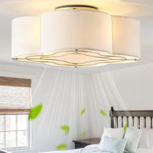 Caged Ceiling Fan with Light, Rattan Flush Mount Ceiling Fans with Lights Remote Control, Low Profile Fabric Enclosed with 6 Speeds for Bedroom, Living Room, Foyer, Nursery (White) Fan with safety blade design
