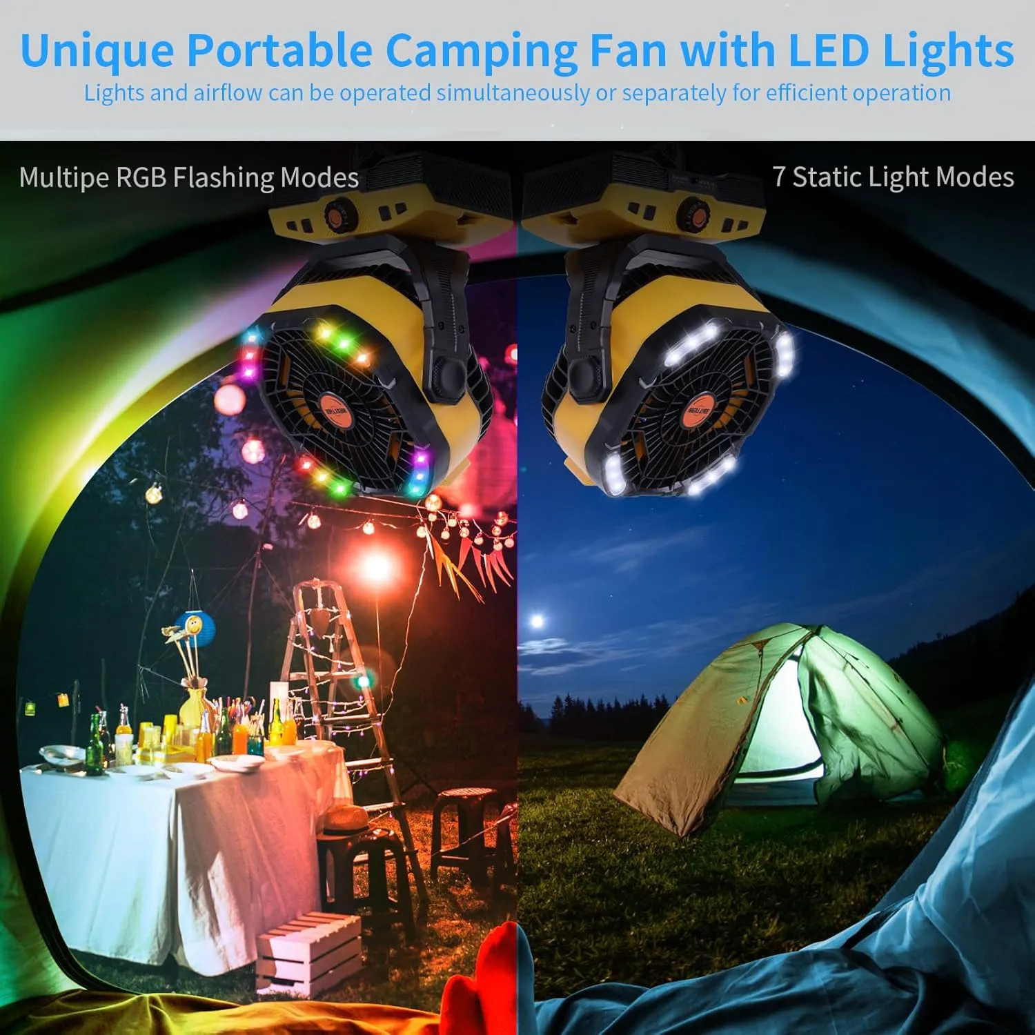 Camping Fan 20000mAh Rechargeable Battery Operated fan Outdoor Tent Fan with Light & Hook 270 Pivot, knob Speeds, Personal fan USB Desk Fan for Camping Power Outage Yellow X68