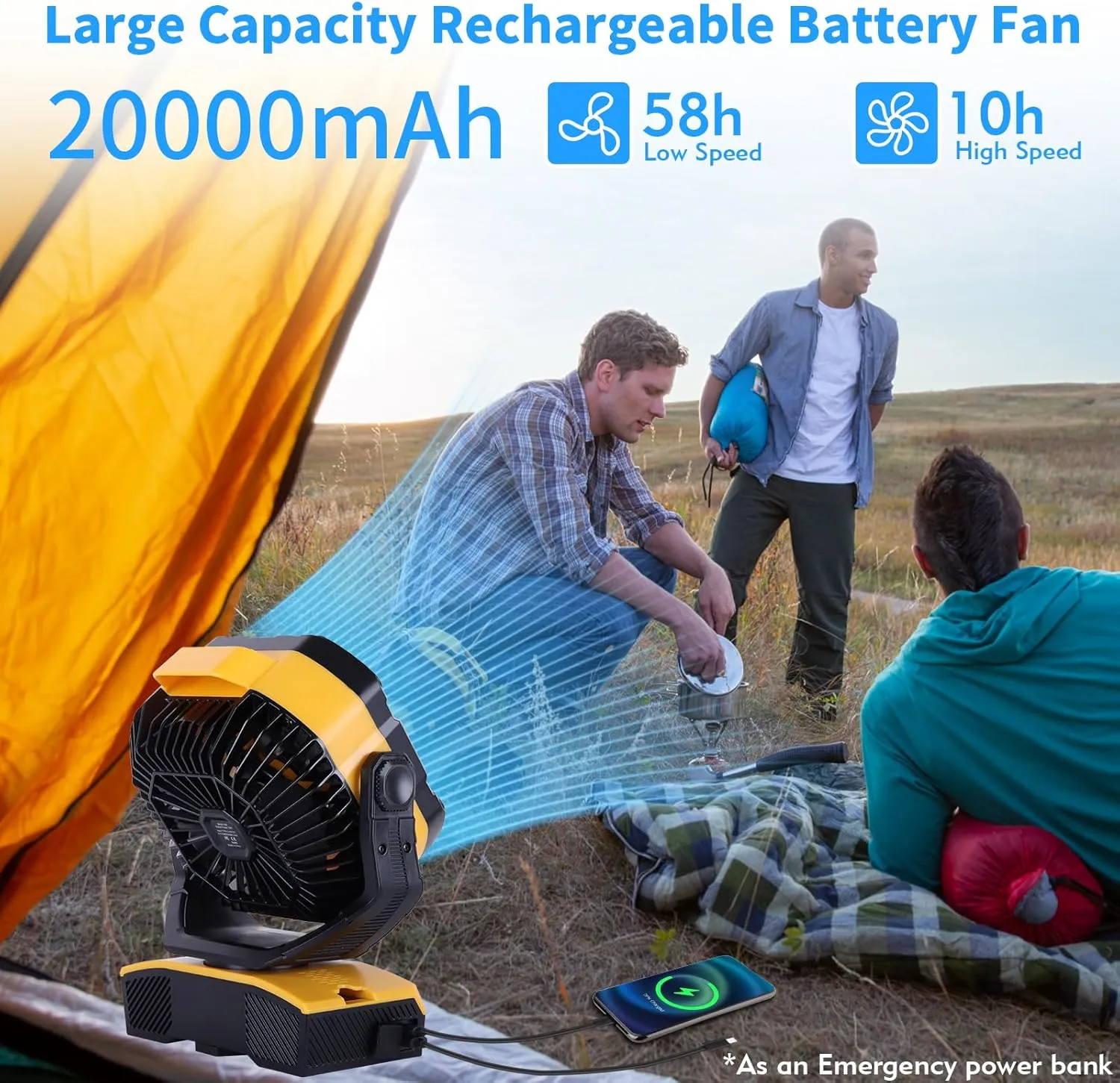 Camping Fan 20000mAh Rechargeable Battery Operated fan Outdoor Tent Fan with Light & Hook 270 Pivot, knob Speeds, Personal fan USB Desk Fan for Camping Power Outage Yellow X68