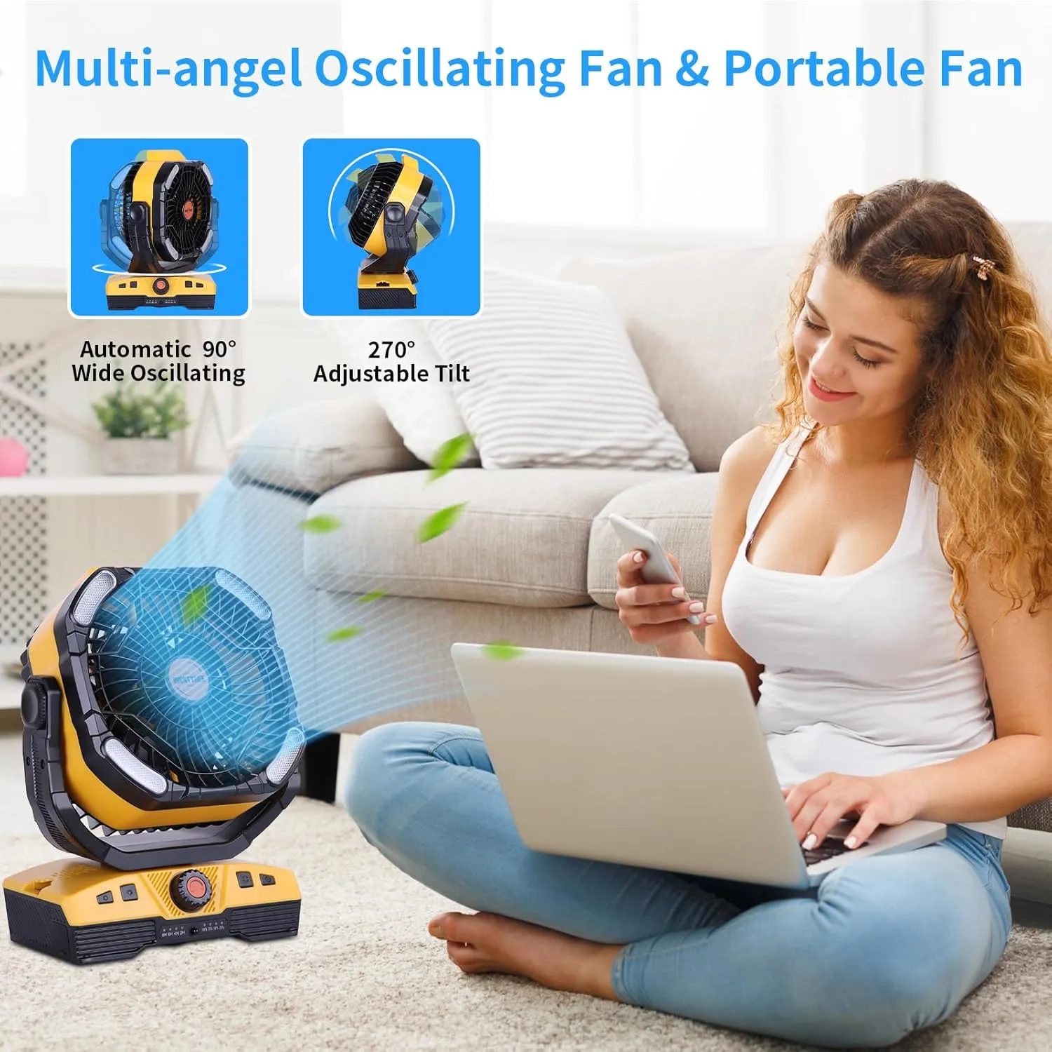 Camping Fan 20000mAh Rechargeable Battery Operated fan Outdoor Tent Fan with Light & Hook 270 Pivot, knob Speeds, Personal fan USB Desk Fan for Camping Power Outage Yellow X68