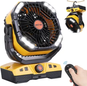 Camping Fan 20000mAh Rechargeable Battery Operated fan Outdoor Tent Fan with Light & Hook 270 Pivot, knob Speeds, Personal fan USB Desk Fan for Camping Power Outage Yellow X68 Fan with safety blade design