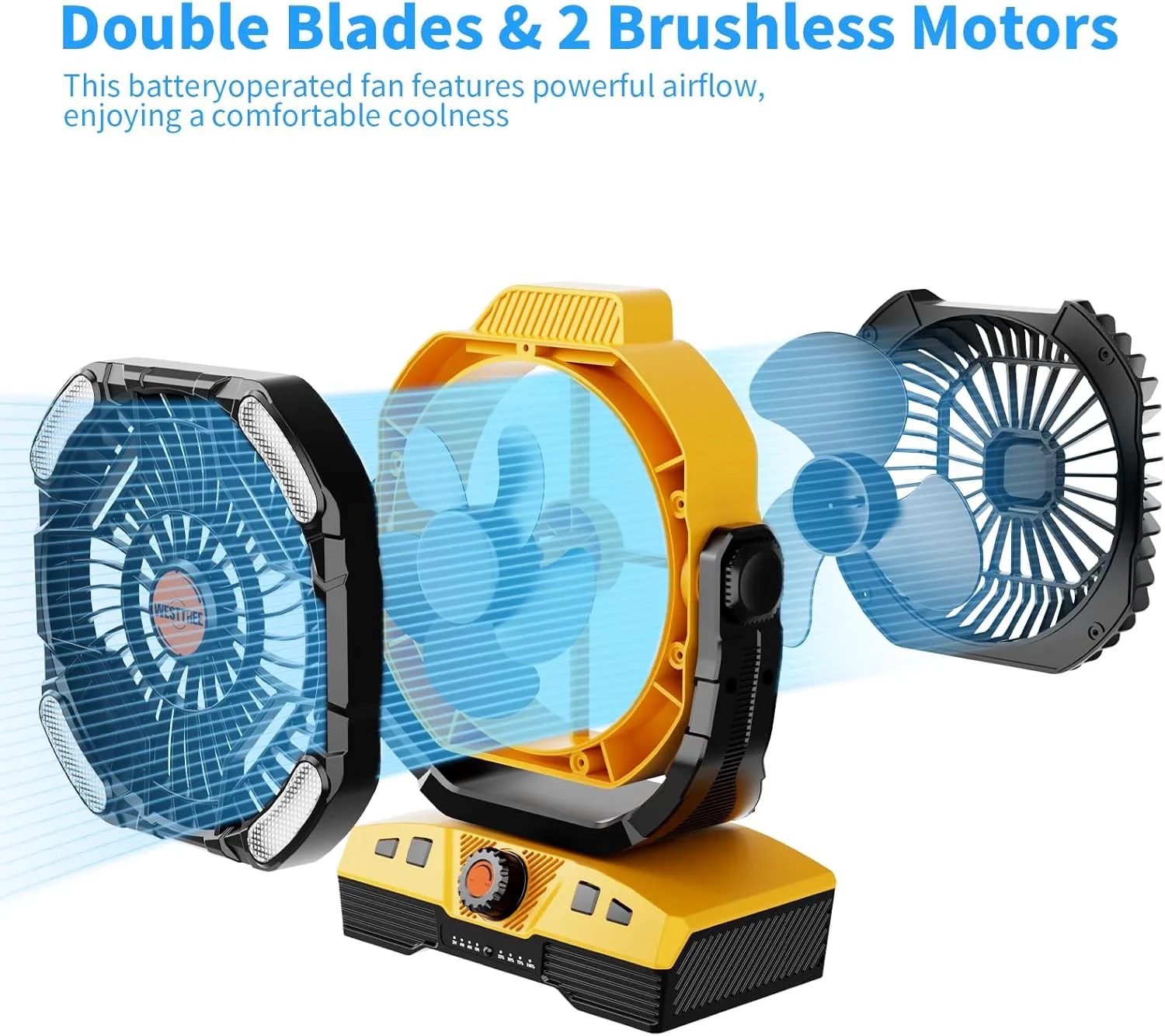 Camping Fan 20000mAh Rechargeable Battery Operated fan Outdoor Tent Fan with Light & Hook 270 Pivot, knob Speeds, Personal fan USB Desk Fan for Camping Power Outage Yellow X68