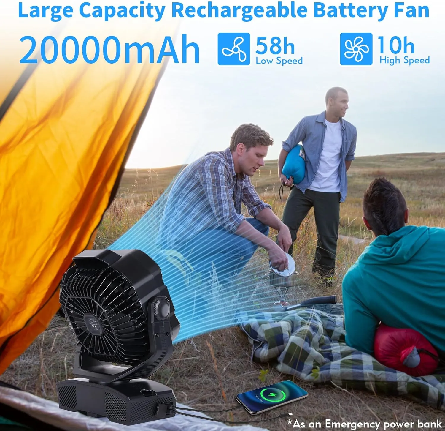 Camping Fan 20000mAh Rechargeable Battery Operated fan Outdoor Tent Fan with Light & Hook 270 Pivot, knob Speeds, Personal USB Desk Fan for Camping Power Outage Jobsite Black X68
