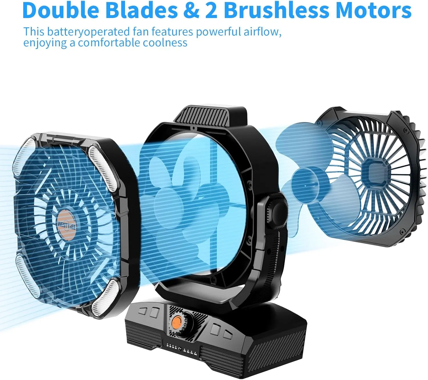 Camping Fan 20000mAh Rechargeable Battery Operated fan Outdoor Tent Fan with Light & Hook 270 Pivot, knob Speeds, Personal USB Desk Fan for Camping Power Outage Jobsite Black X68