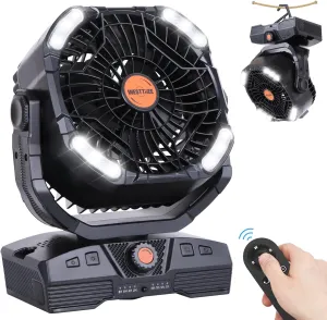 Camping Fan 20000mAh Rechargeable Battery Operated fan Outdoor Tent Fan with Light & Hook 270 Pivot, knob Speeds, Personal USB Desk Fan for Camping Power Outage Jobsite Black X68 Fan with safety blade design