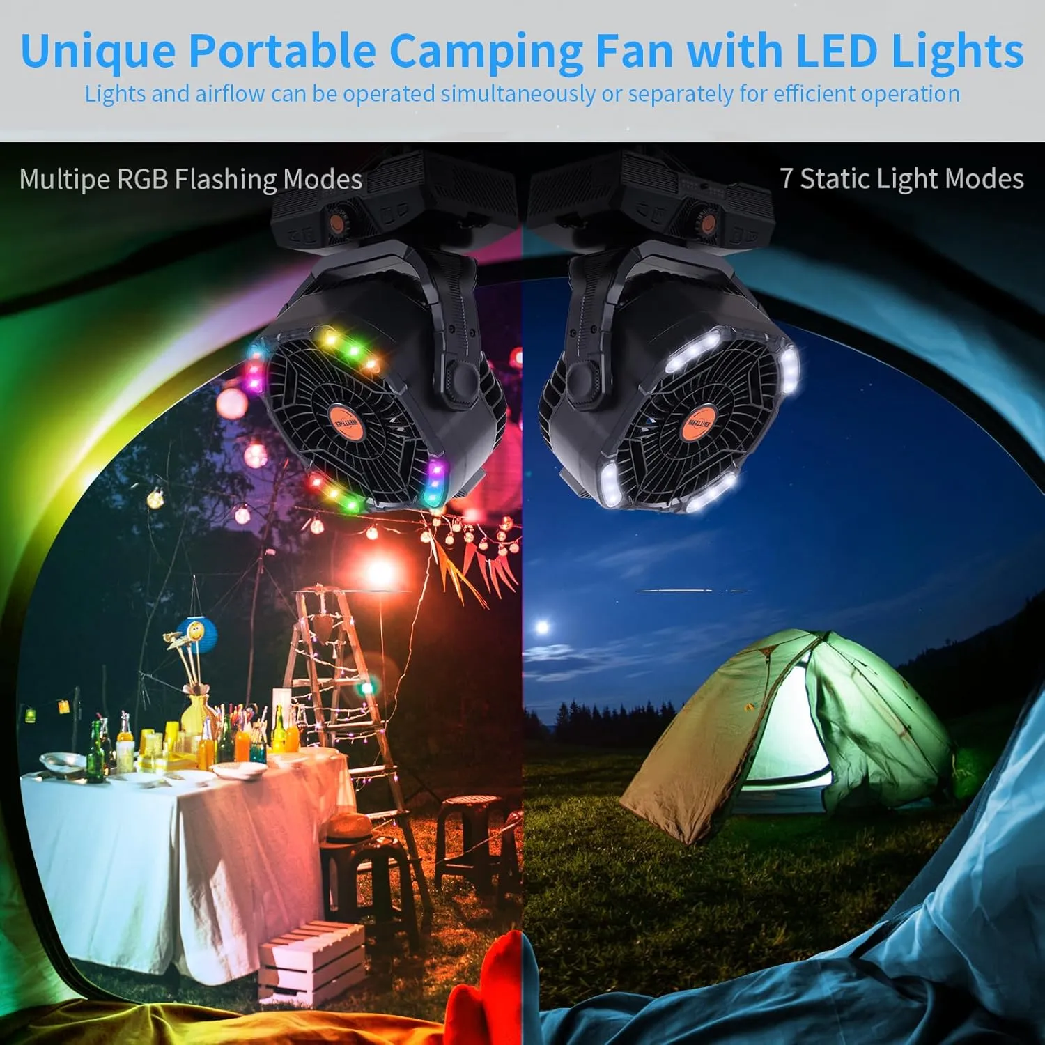 Camping Fan 20000mAh Rechargeable Battery Operated fan Outdoor Tent Fan with Light & Hook 270 Pivot, knob Speeds, Personal USB Desk Fan for Camping Power Outage Jobsite Black X68