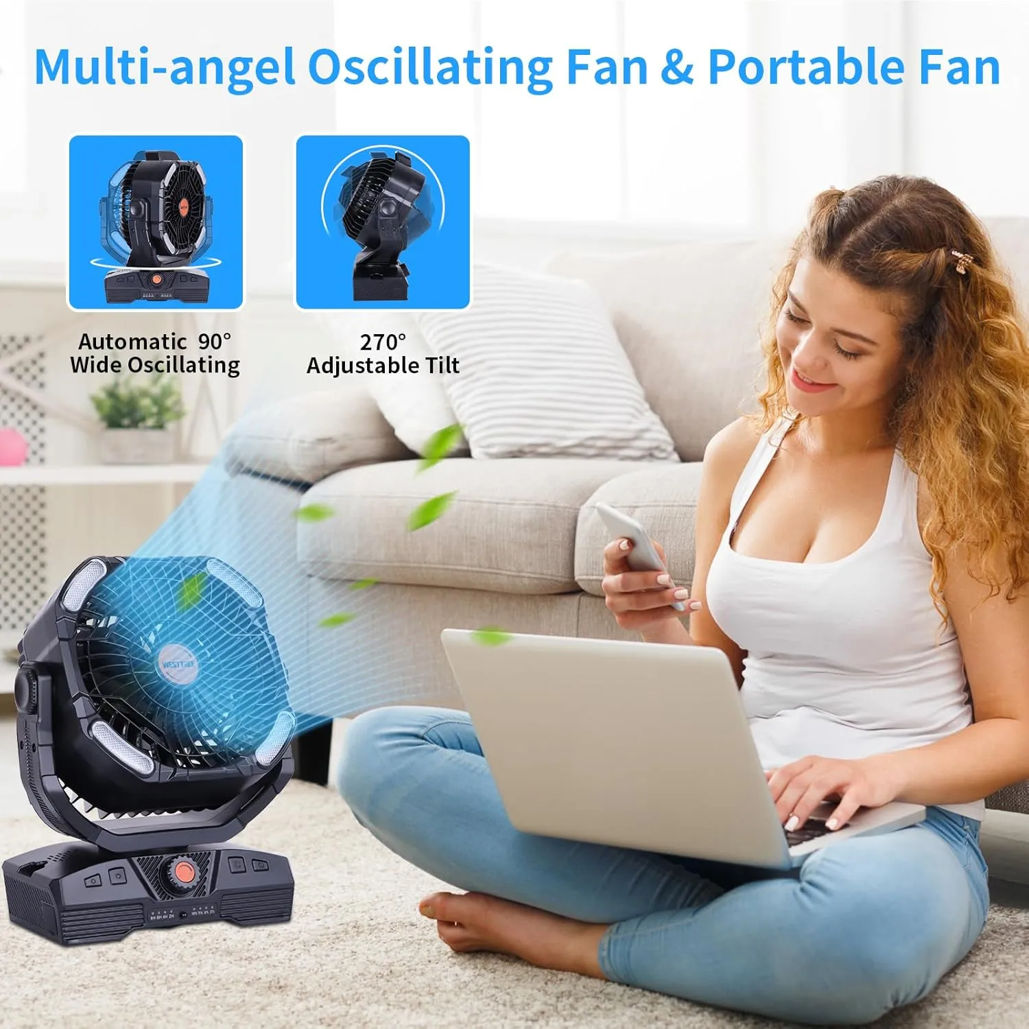 Camping Fan 20000mAh Rechargeable Battery Operated fan Outdoor Tent Fan with Light & Hook 270 Pivot, knob Speeds, Personal USB Desk Fan for Camping Power Outage Jobsite Black X68