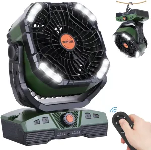 Camping Fan 20000mAh Rechargeable Battery Operated fan Outdoor Tent Fan with Light & Hook, knob Speeds, Personal USB Desk Fan for Camping, PowerOutage Jobsite Green X68 Fan with safety blade design