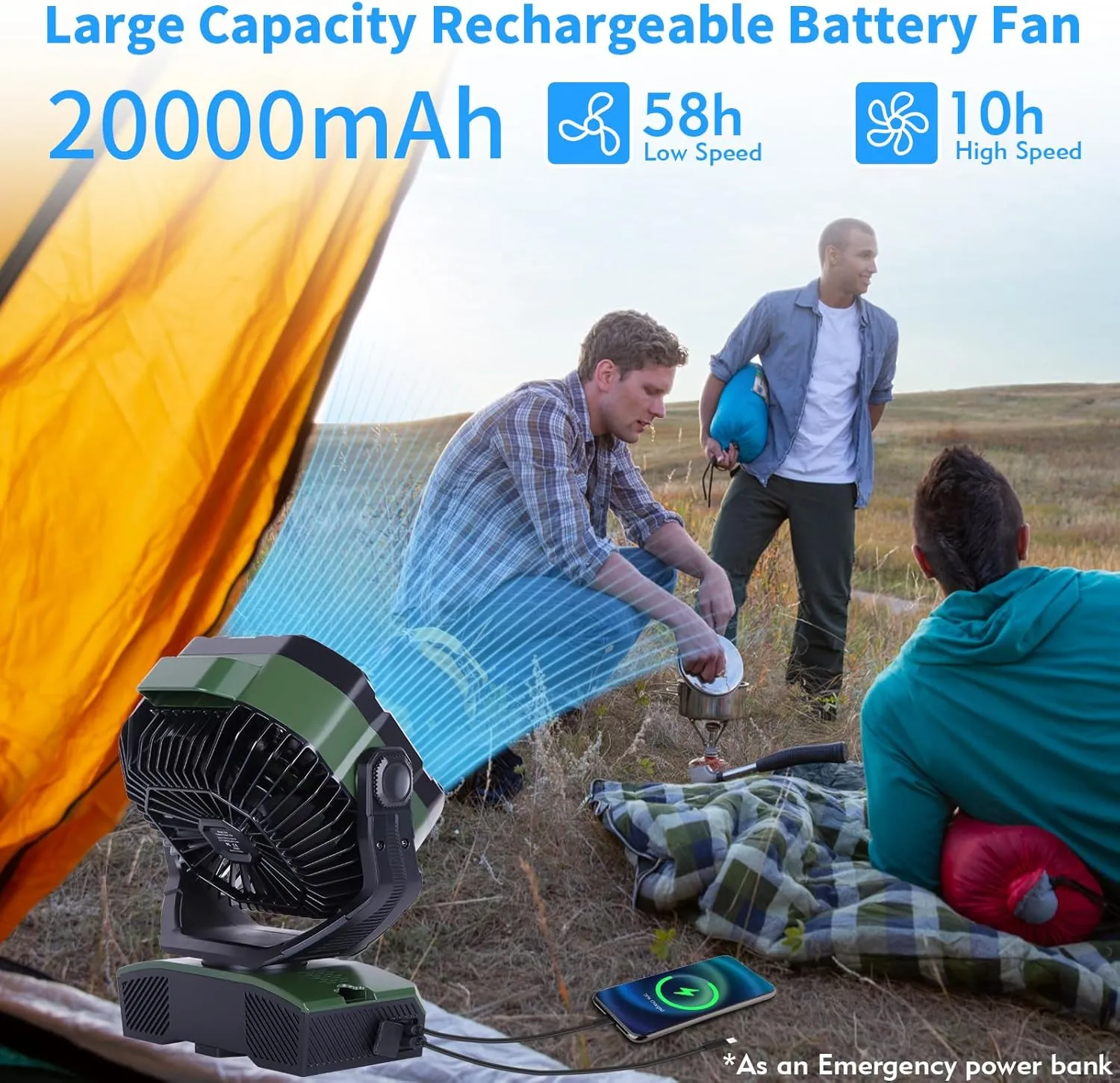 Camping Fan 20000mAh Rechargeable Battery Operated fan Outdoor Tent Fan with Light & Hook, knob Speeds, Personal USB Desk Fan for Camping, PowerOutage Jobsite Green X68
