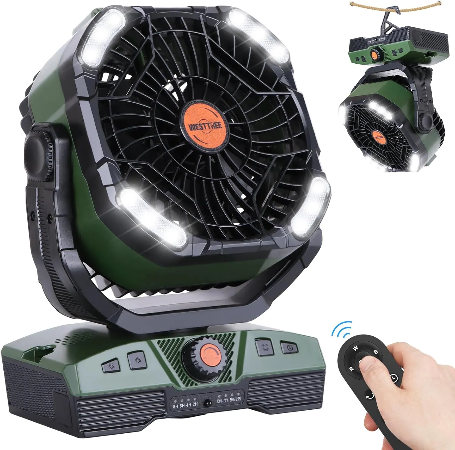 Camping Fan 20000mAh Rechargeable Battery Operated fan Outdoor Tent Fan with Light & Hook, knob Speeds, Personal USB Desk Fan for Camping, PowerOutage Jobsite Green X68 Fan with safety blade design