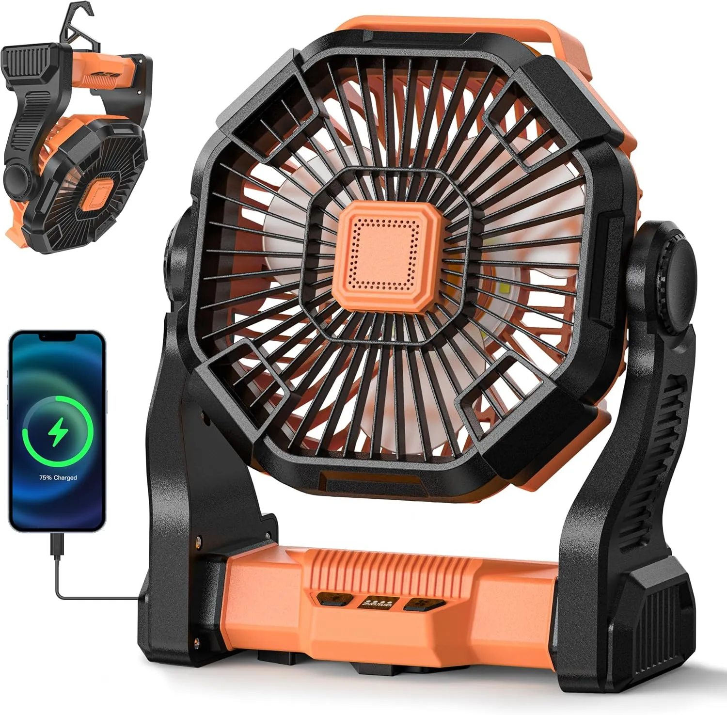 Camping Fan Battery Powered -12000mAh Portable Rechargeable Fans Light, Battery Operated Fan for Camping Hook 4 Speed Quiet Cordless USB Personal Cooling for Desk Home Beach Tent BBQ Battery-powered portable fan