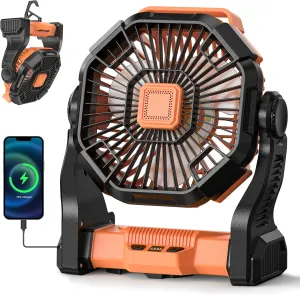 Camping Fan Battery Powered -12000mAh Portable Rechargeable Fans Light, Battery Operated Fan for Camping Hook 4 Speed Quiet Cordless USB Personal Cooling for Desk Home Beach Tent BBQ Battery-powered portable fan