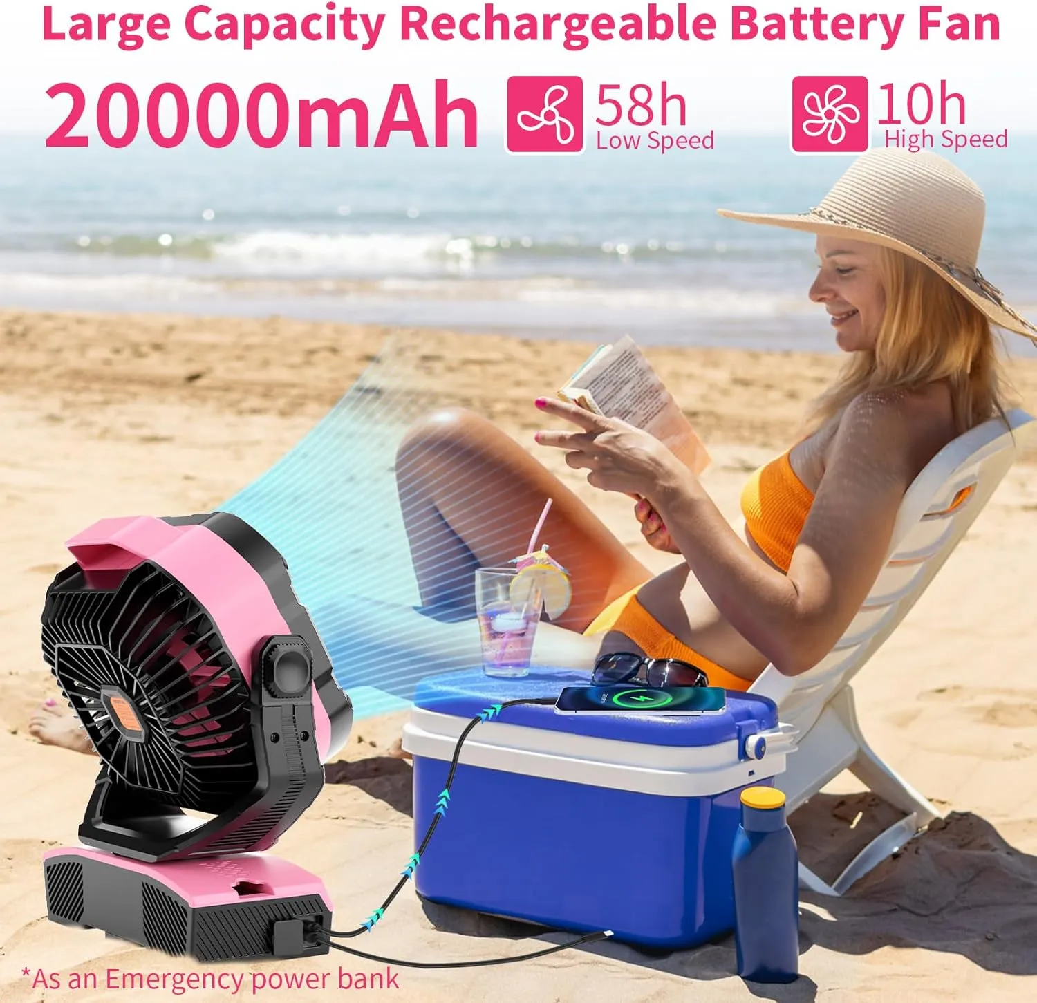 Camping Fan Oscillating Portable Fan 20000mAh Battery Powered Fans Rechargeable Camping Tent essentials Light Hook 270 Pivot USB Desk Outdoor Battery Operated X68 Pink