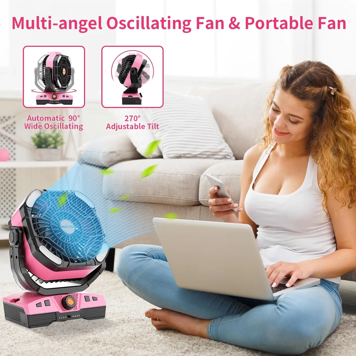 Camping Fan Oscillating Portable Fan 20000mAh Battery Powered Fans Rechargeable Camping Tent essentials Light Hook 270 Pivot USB Desk Outdoor Battery Operated X68 Pink