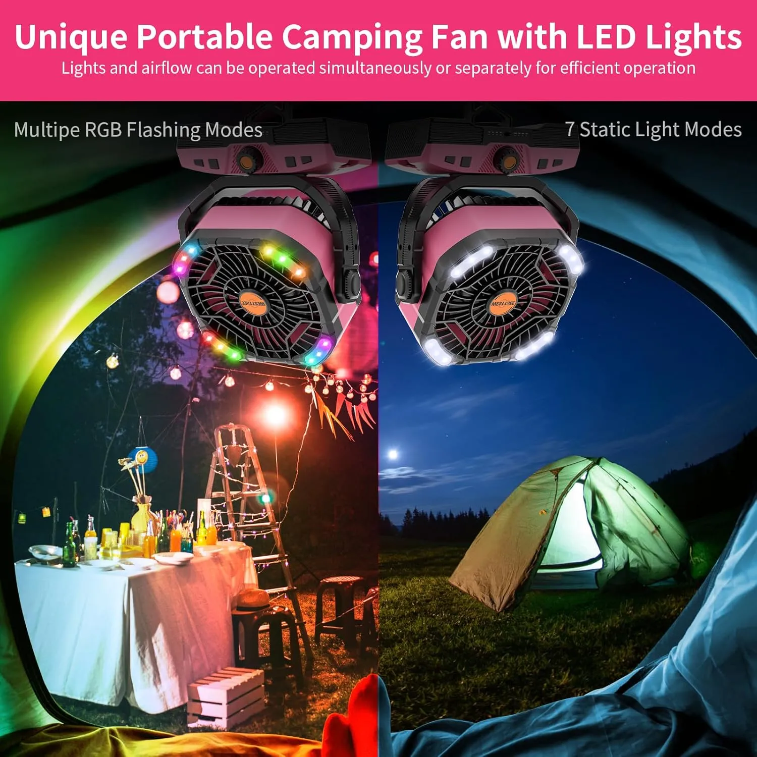 Camping Fan Oscillating Portable Fan 20000mAh Battery Powered Fans Rechargeable Camping Tent essentials Light Hook 270 Pivot USB Desk Outdoor Battery Operated X68 Pink