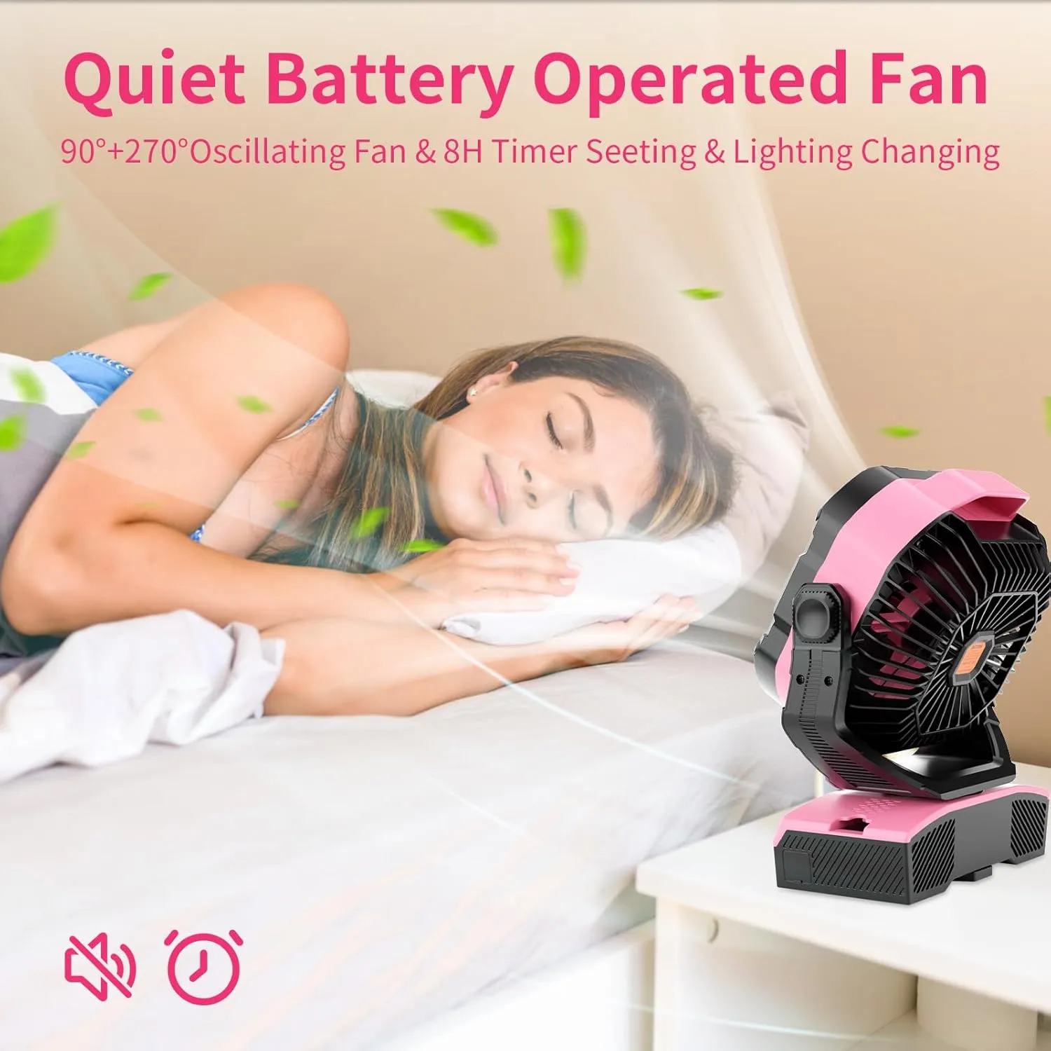 Camping Fan Oscillating Portable Fan 20000mAh Battery Powered Fans Rechargeable Camping Tent essentials Light Hook 270 Pivot USB Desk Outdoor Battery Operated X68 Pink
