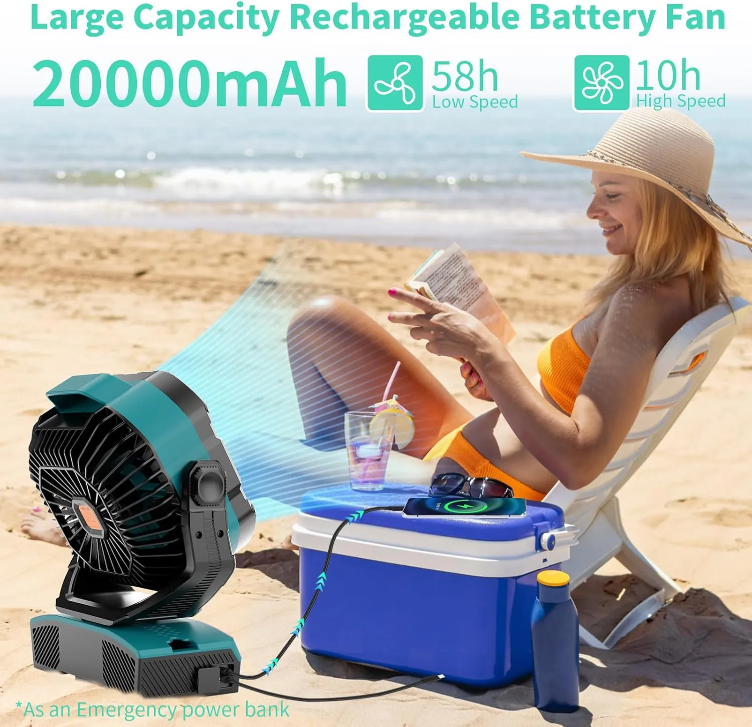 Camping Fan Portable 20000mAh Oscillating Battery Powered Fan Rechargeable Camping essentials Tent Light Hook 270 Pivot Battery Operated USB Desk X68 Cyan