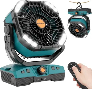 Camping Fan Portable 20000mAh Oscillating Battery Powered Fan Rechargeable Camping essentials Tent Light Hook 270 Pivot Battery Operated USB Desk X68 Cyan Fan with safety blade design