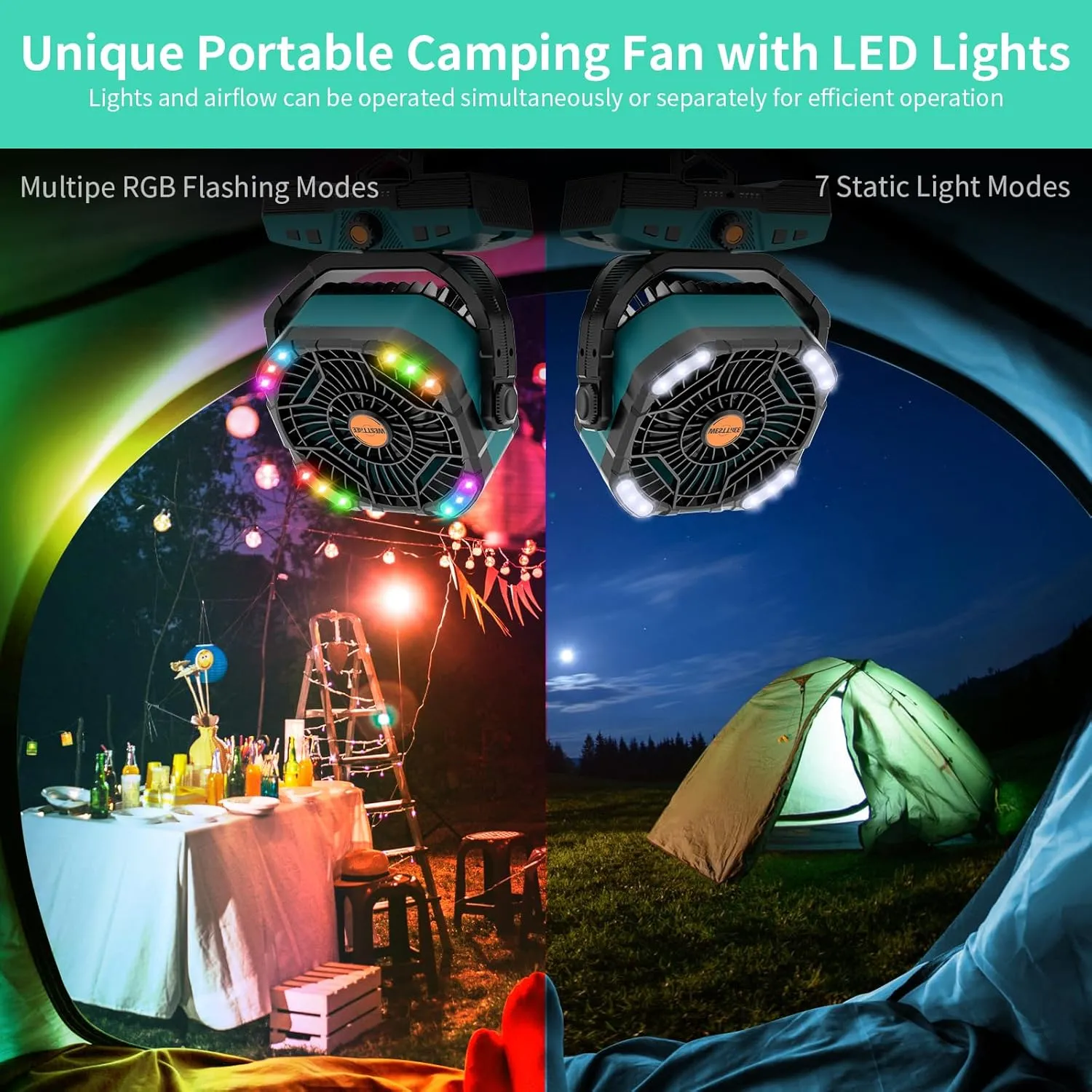 Camping Fan Portable 20000mAh Oscillating Battery Powered Fan Rechargeable Camping essentials Tent Light Hook 270 Pivot Battery Operated USB Desk X68 Cyan