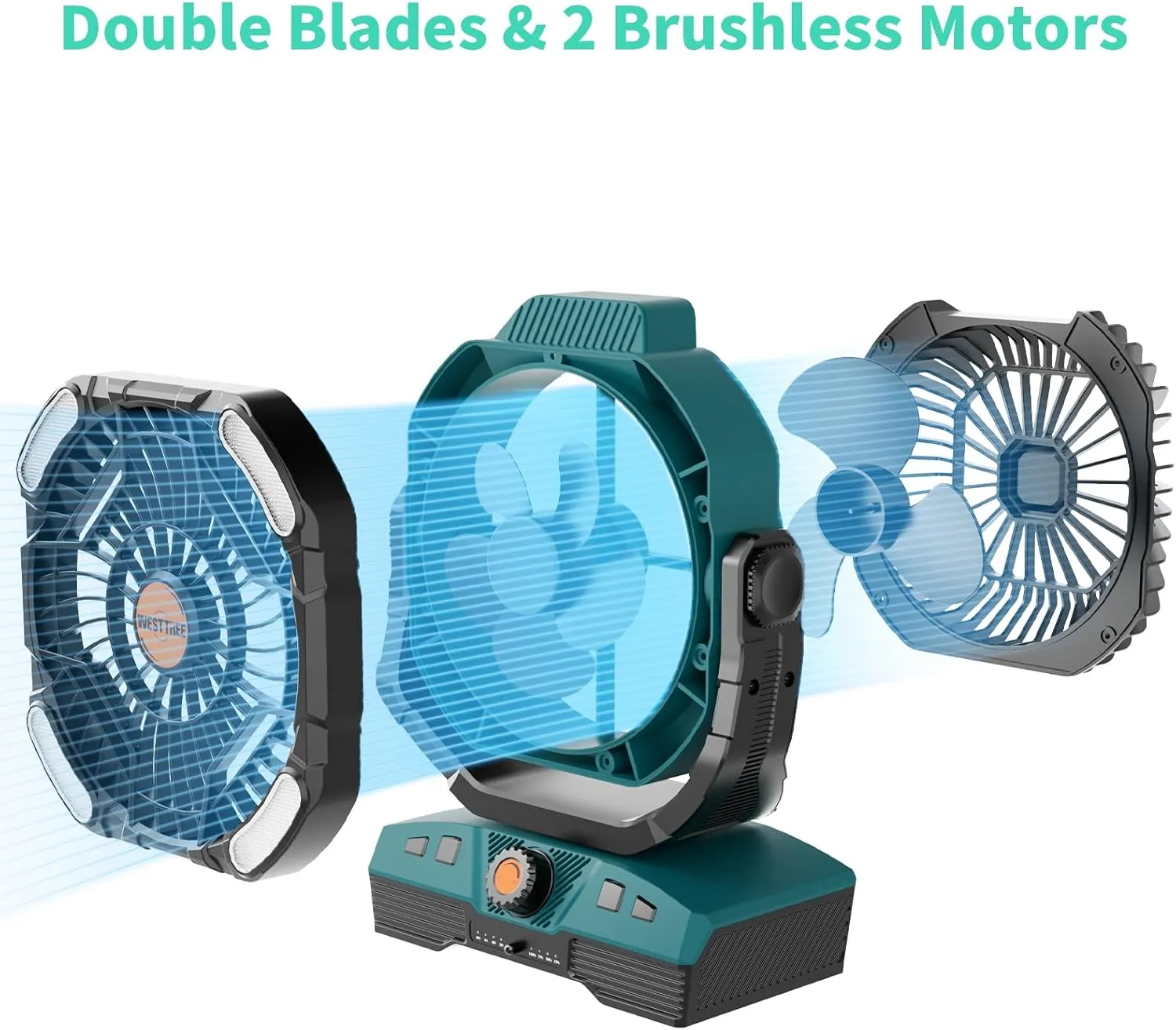 Camping Fan Portable 20000mAh Oscillating Battery Powered Fan Rechargeable Camping essentials Tent Light Hook 270 Pivot Battery Operated USB Desk X68 Cyan