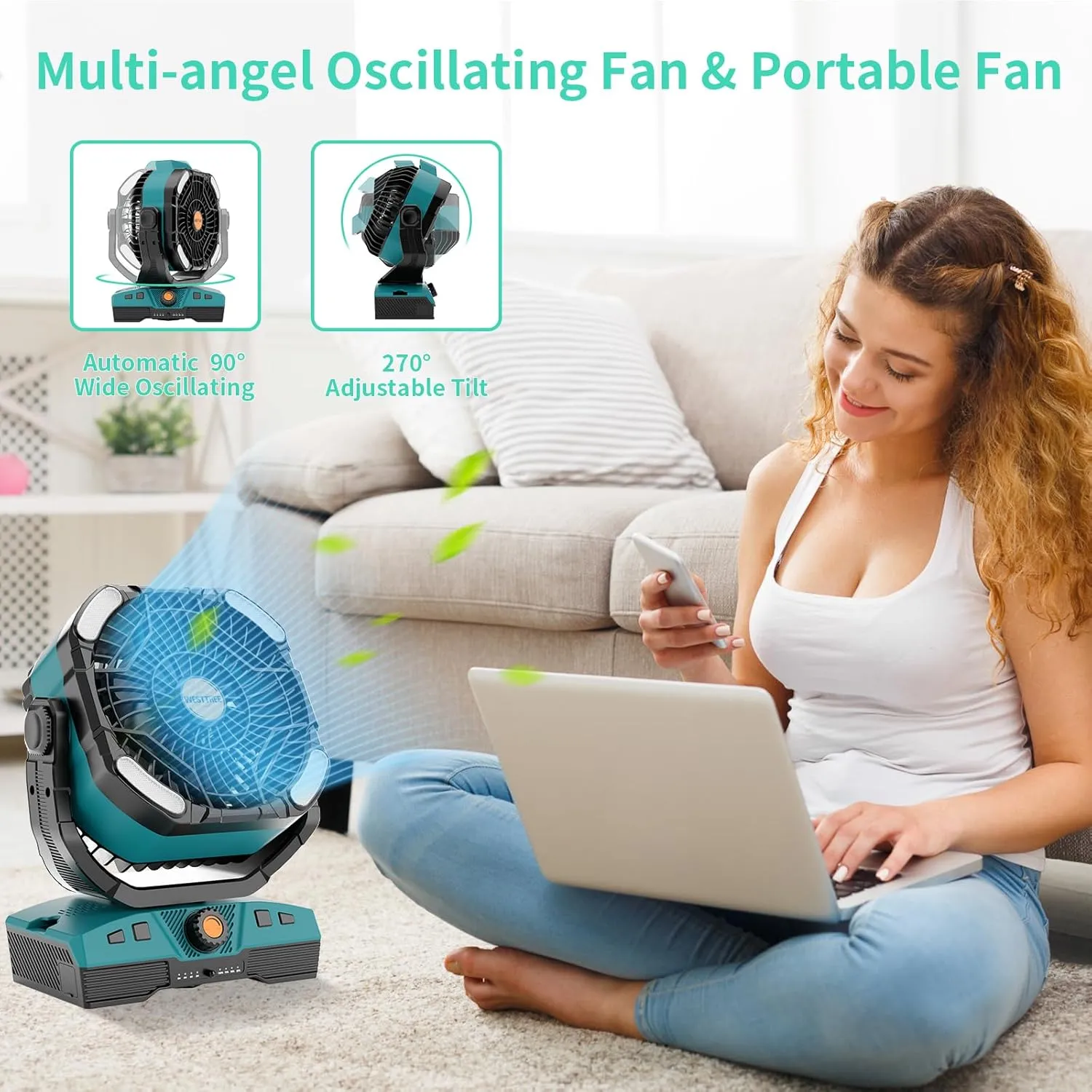 Camping Fan Portable 20000mAh Oscillating Battery Powered Fan Rechargeable Camping essentials Tent Light Hook 270 Pivot Battery Operated USB Desk X68 Cyan
