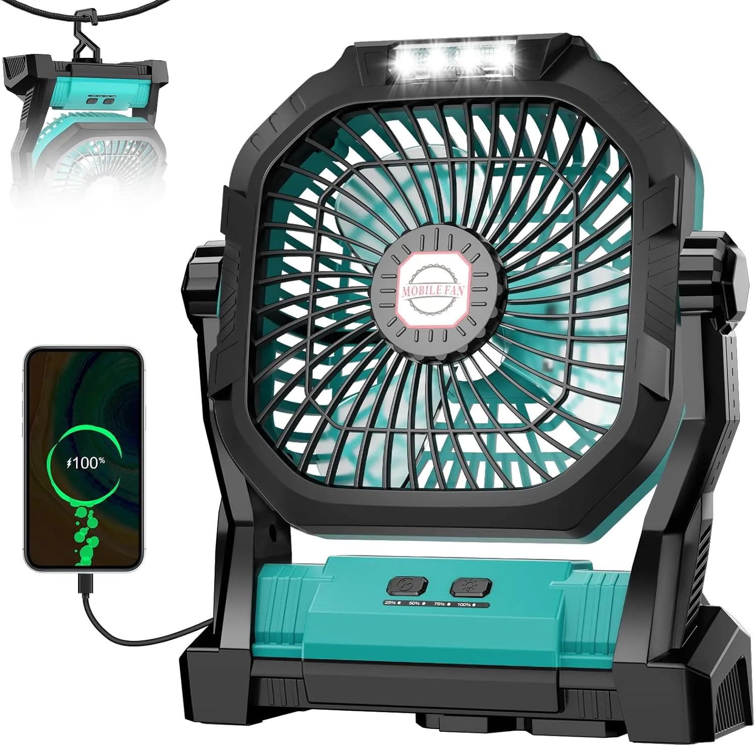 Camping Fan Rechargeable, 20000mAh Battery Powered Portable Fan with LED Light, 4-Speed 180 Adjustable, Camping Essentials for Tent, Travel, Car, Outdoor, Indoor, BBQ, Fishing, Jobsite - Blue