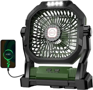 Camping Fan Rechargeable, 20000mAh Battery Powered Portable Fan with LED Light, 4-Speed 180 Adjustable, Camping Essentials for Tent, Travel, Car, Outdoor, Indoor, BBQ, Fishing, Jobsite - Green Battery-powered portable fan