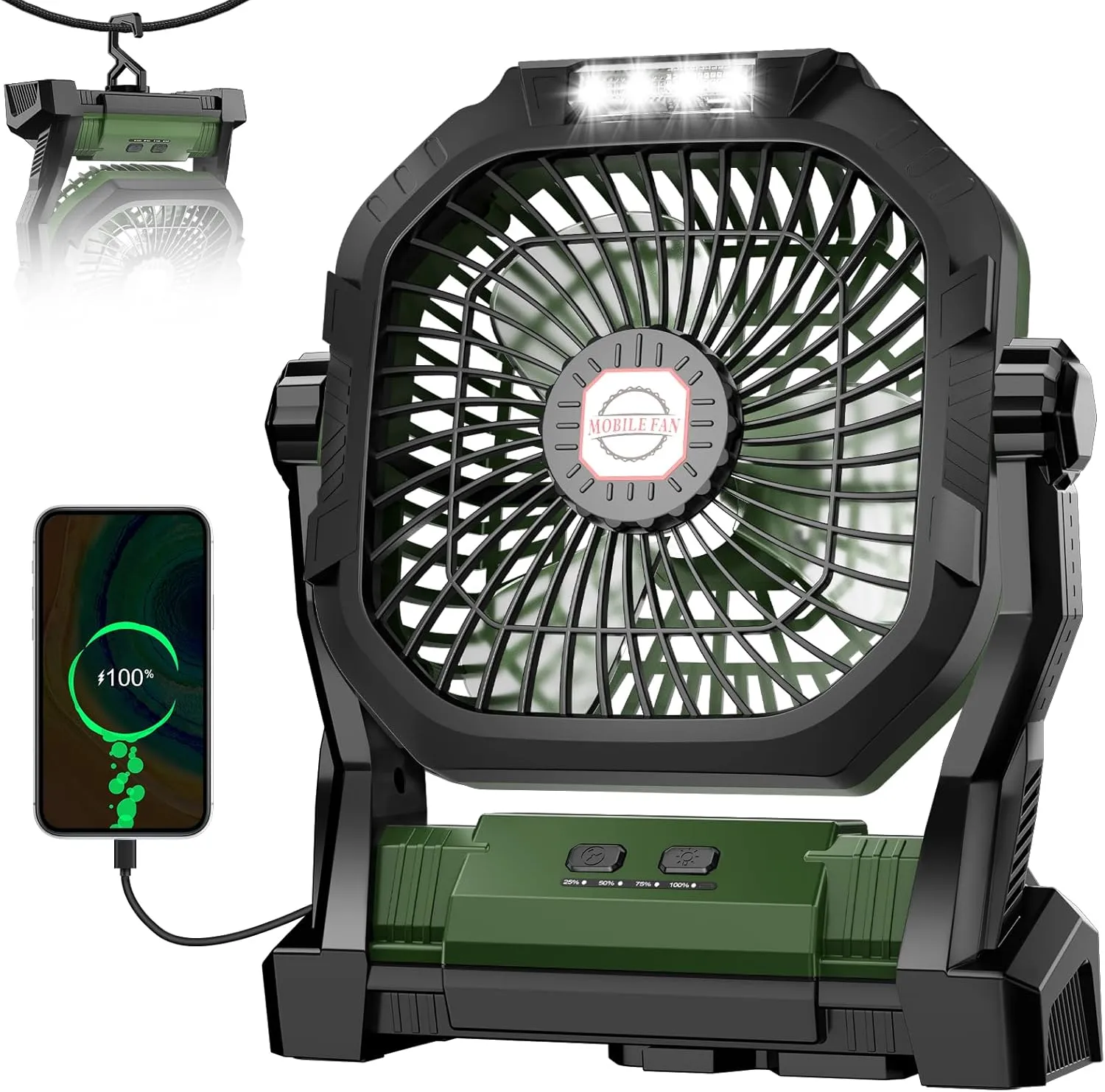 Camping Fan Rechargeable, 20000mAh Battery Powered Portable Fan with LED Light, 4-Speed 180 Adjustable, Camping Essentials for Tent, Travel, Car, Outdoor, Indoor, BBQ, Fishing, Jobsite - Green