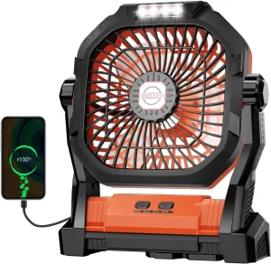 Camping Fan Rechargeable, 20000mAh Battery Powered Portable Fan with LED Light, 4-Speed 180 Adjustable, Camping Essentials for Tent, Travel, Car, Outdoor, Indoor, BBQ, Fishing, Jobsite - Orange Battery-powered portable fan