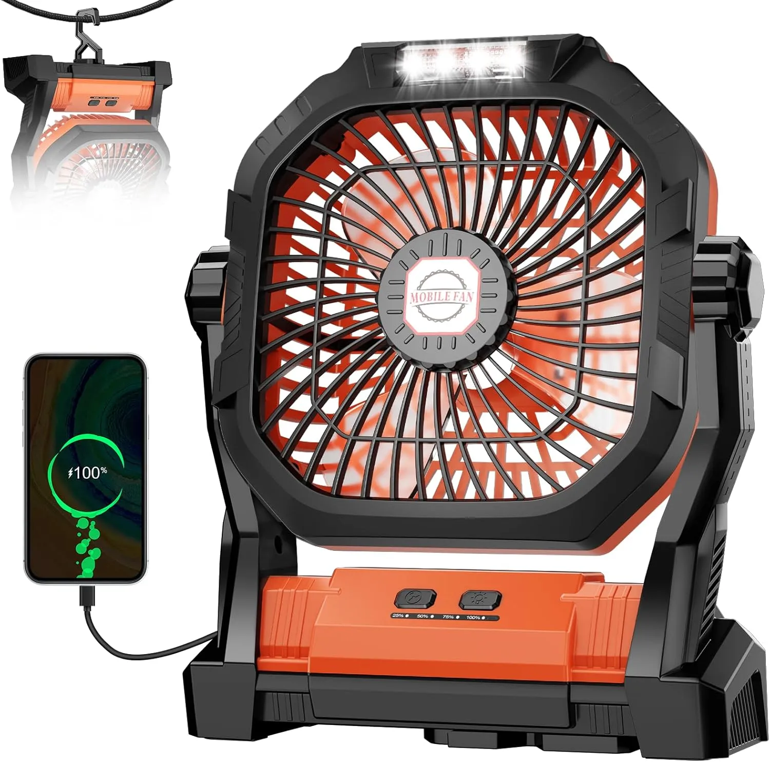 Camping Fan Rechargeable, 20000mAh Battery Powered Portable Fan with LED Light, 4-Speed 180 Adjustable, Camping Essentials for Tent, Travel, Car, Outdoor, Indoor, BBQ, Fishing, Jobsite - Orange