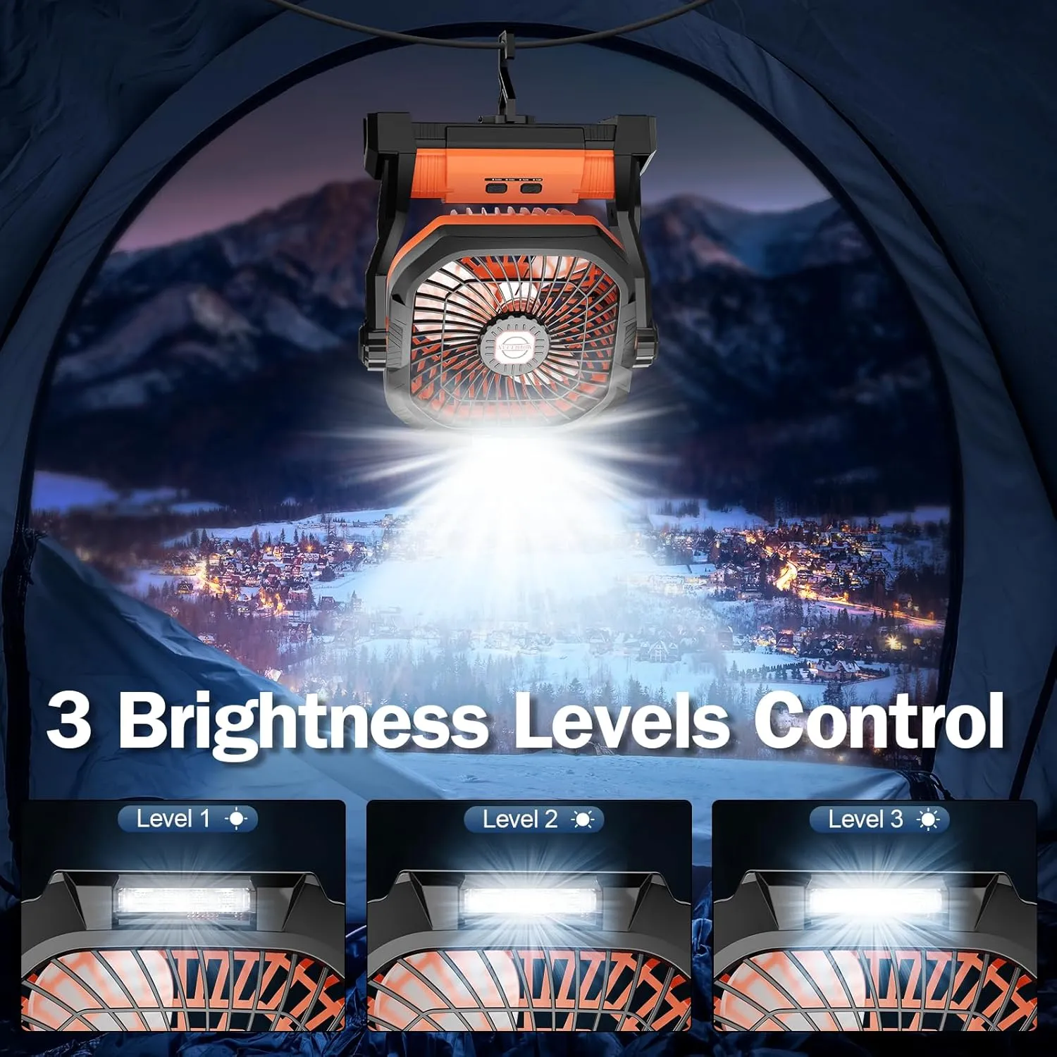 Camping Fan Rechargeable, 20000mAh Battery Powered Portable Fan with LED Light, 4-Speed 180 Adjustable, Camping Essentials for Tent, Travel, Car, Outdoor, Indoor, BBQ, Fishing, Jobsite - Orange