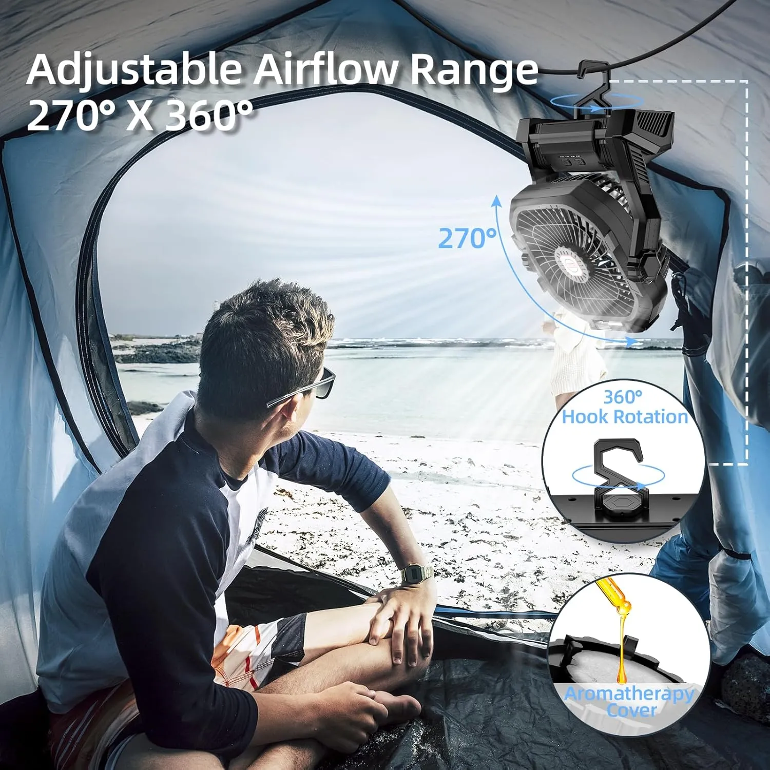 Camping Fan Rechargeable, 20000mAh Battery Powered Portable Fan with LED Light & Hook, 4-Speed 270 Adjustable, Camping Essentials for Tent, Travel, Car, Outdoor, Indoor, BBQ, Fishing, Jobsite